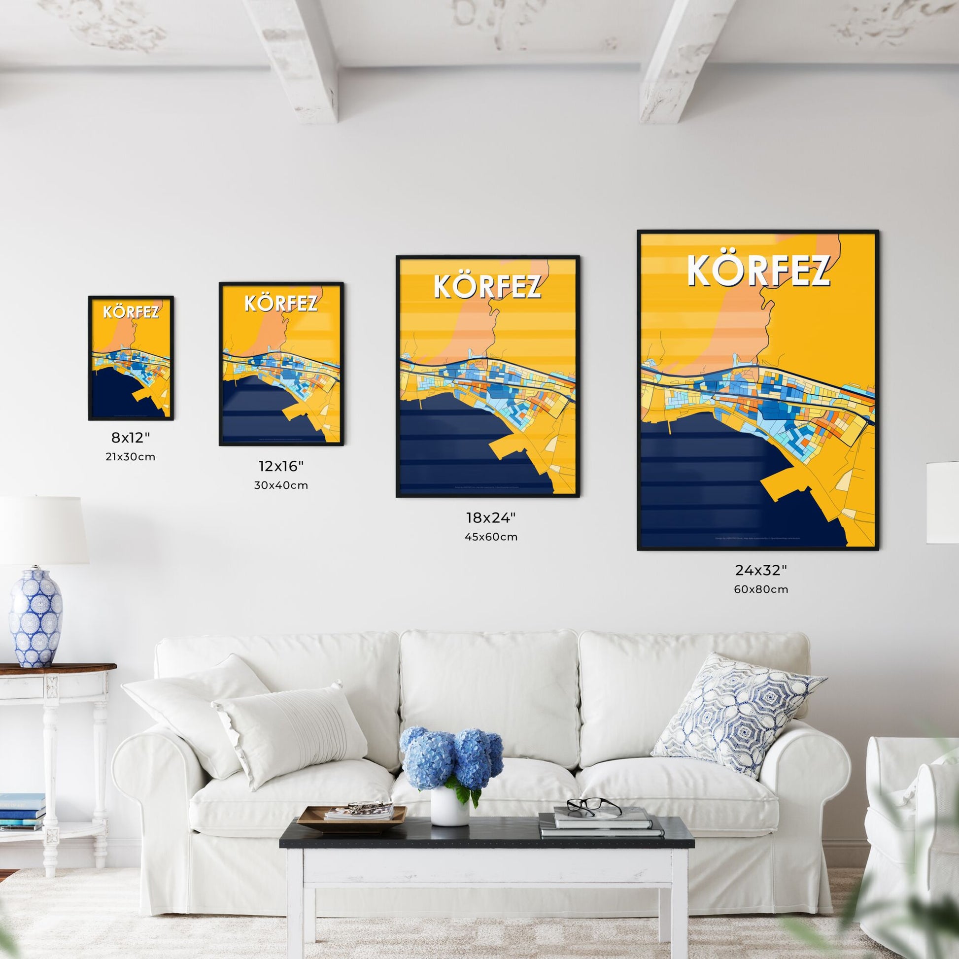 KÖRFEZ TURKEY Vibrant Colorful Art Map Poster Blue Orange