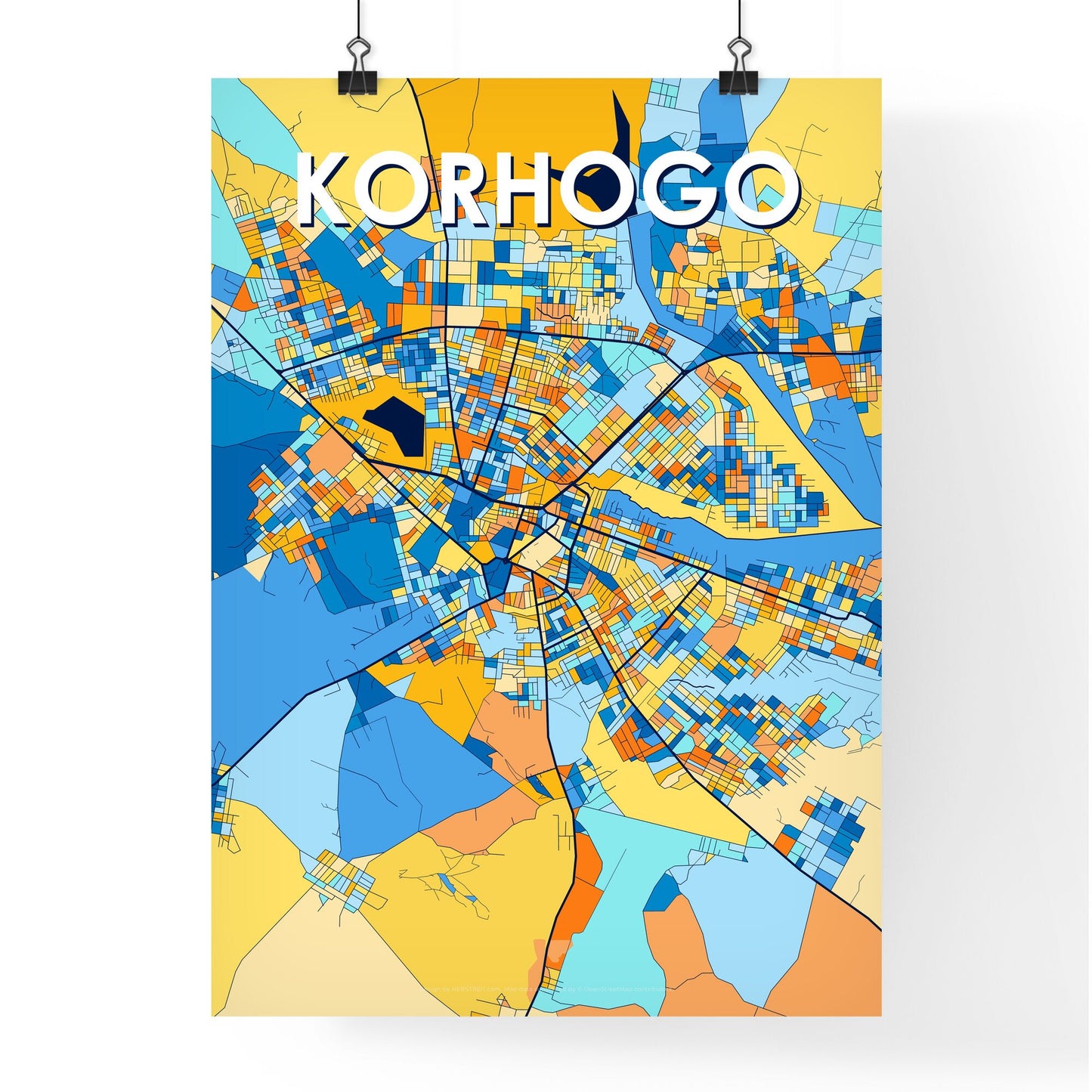 KORHOGO IVORY COAST Vibrant Colorful Art Map Poster Blue Orange