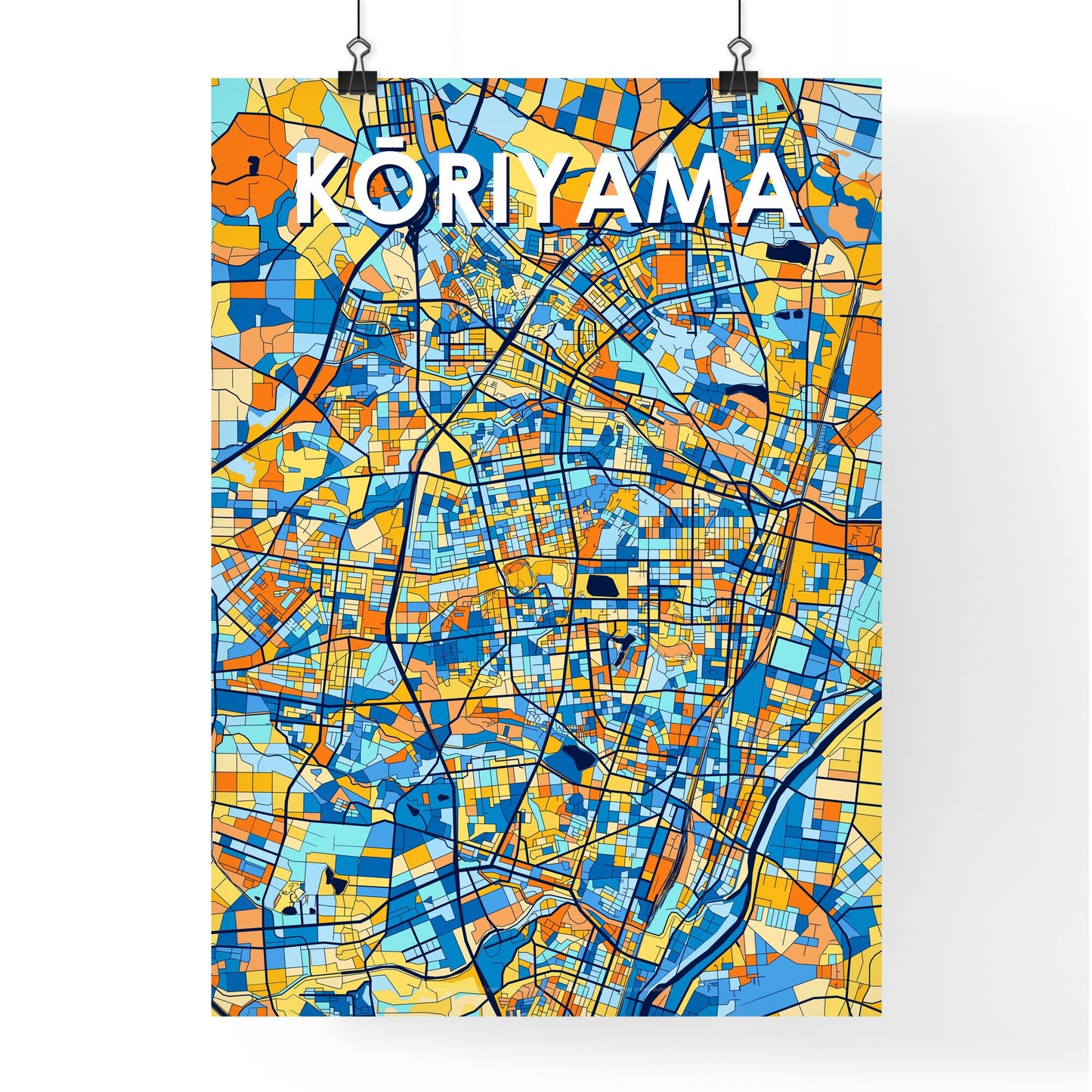 KŌRIYAMA JAPAN Vibrant Colorful Art Map Poster Blue Orange