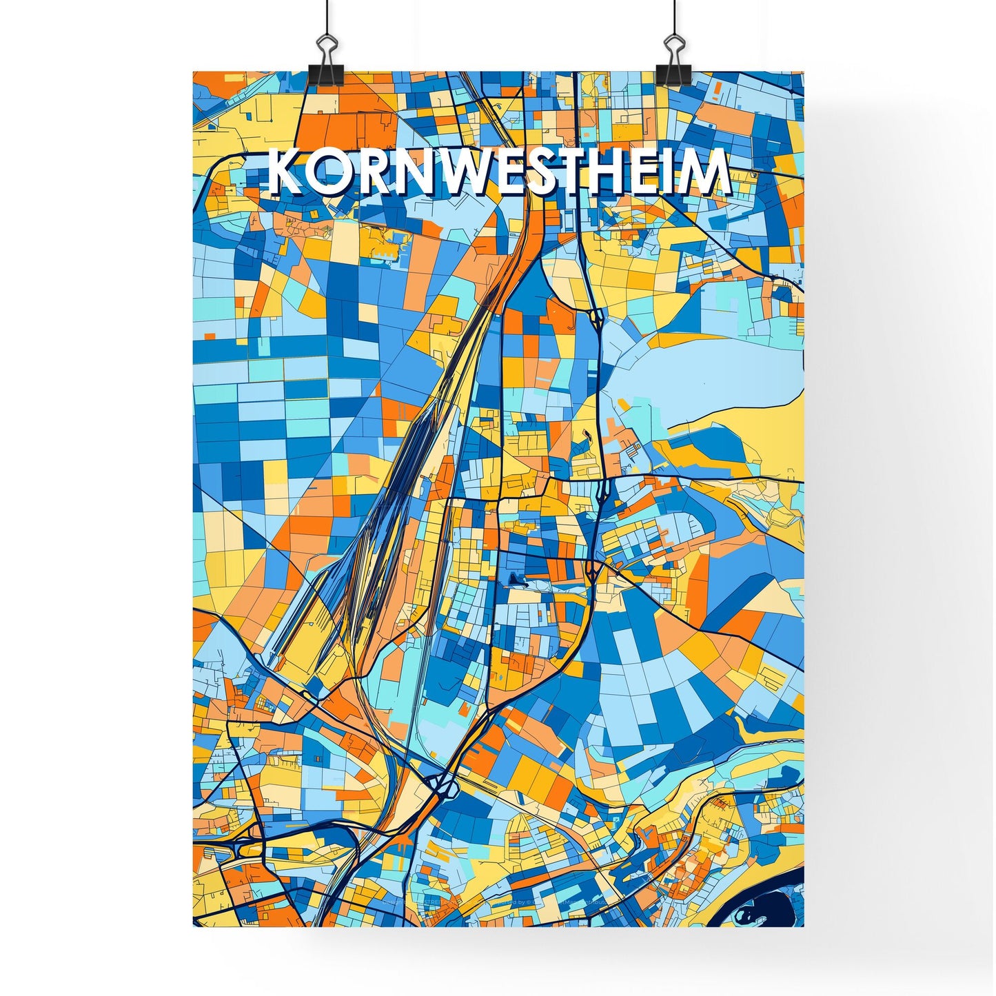 KORNWESTHEIM GERMANY Vibrant Colorful Art Map Poster Blue Orange