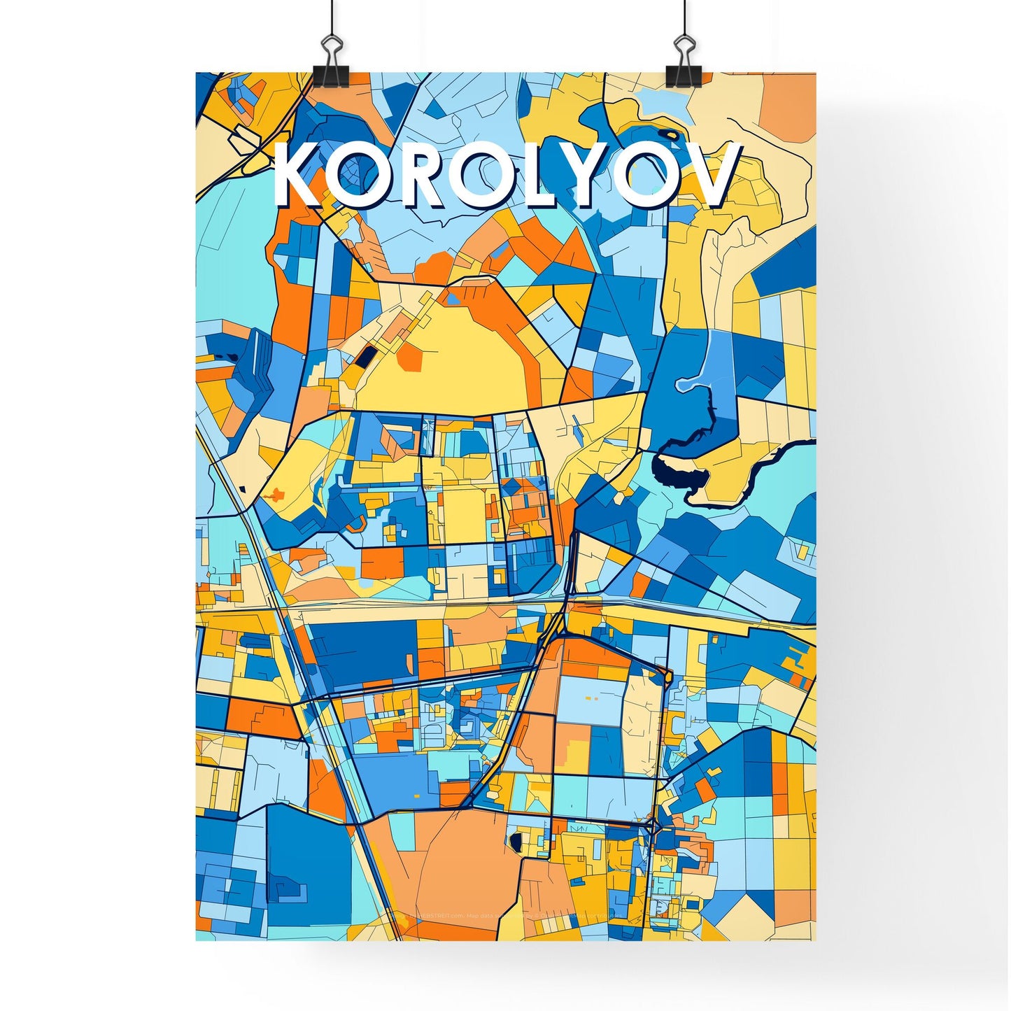 KOROLYOV RUSSIA Vibrant Colorful Art Map Poster Blue Orange