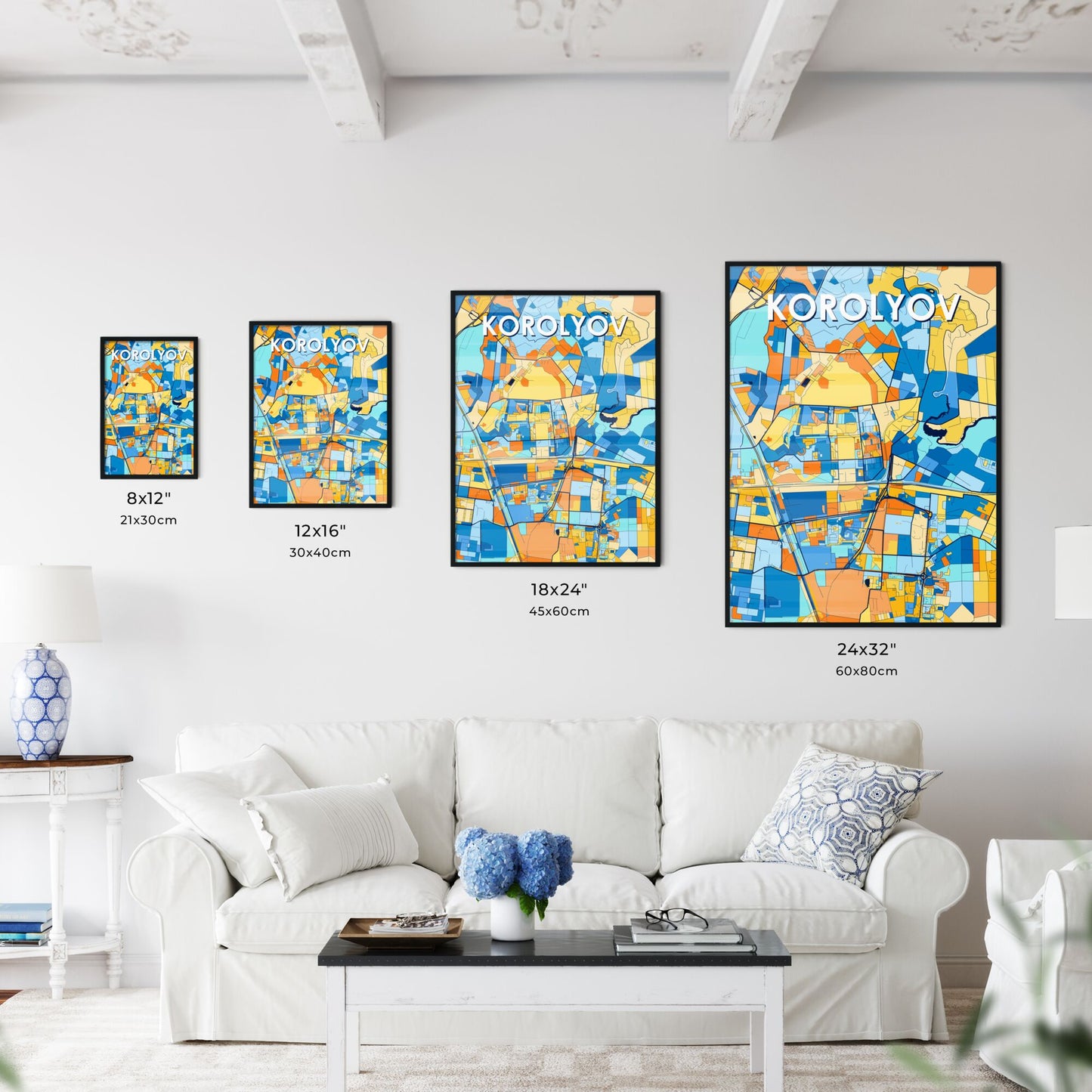 KOROLYOV RUSSIA Vibrant Colorful Art Map Poster Blue Orange