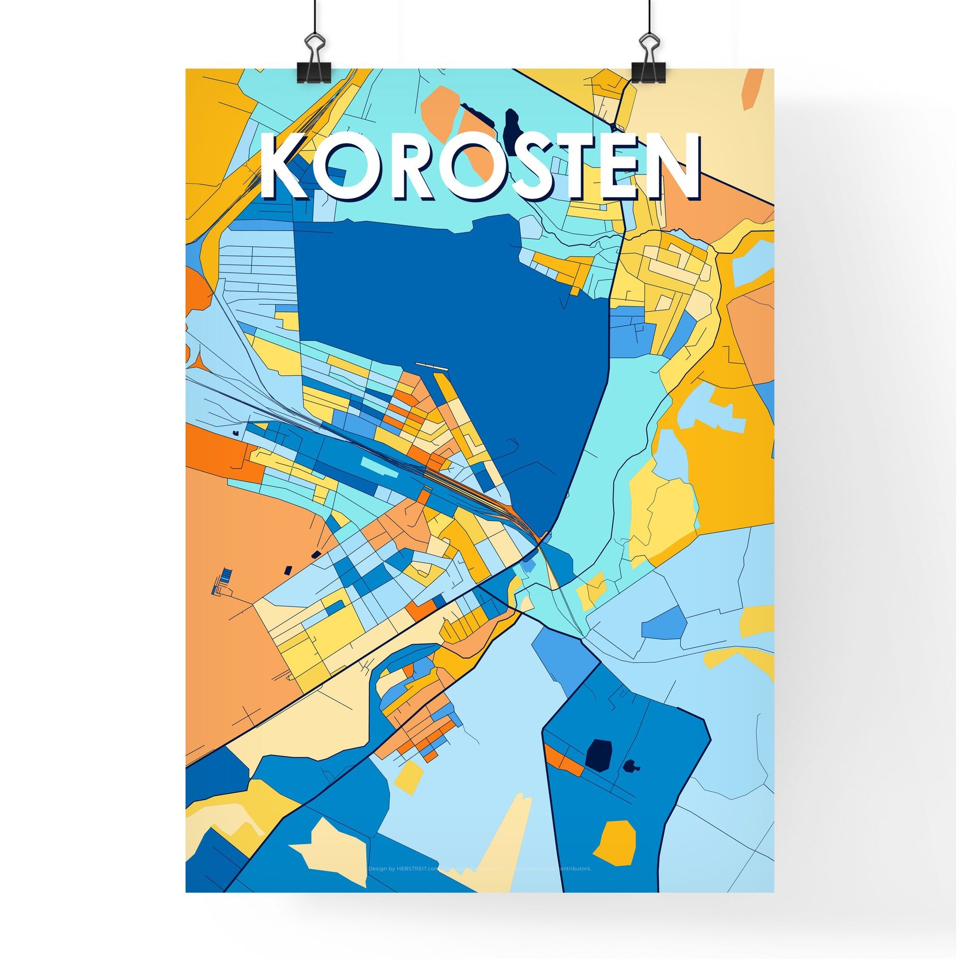 KOROSTEN UKRAINE Vibrant Colorful Art Map Poster Blue Orange