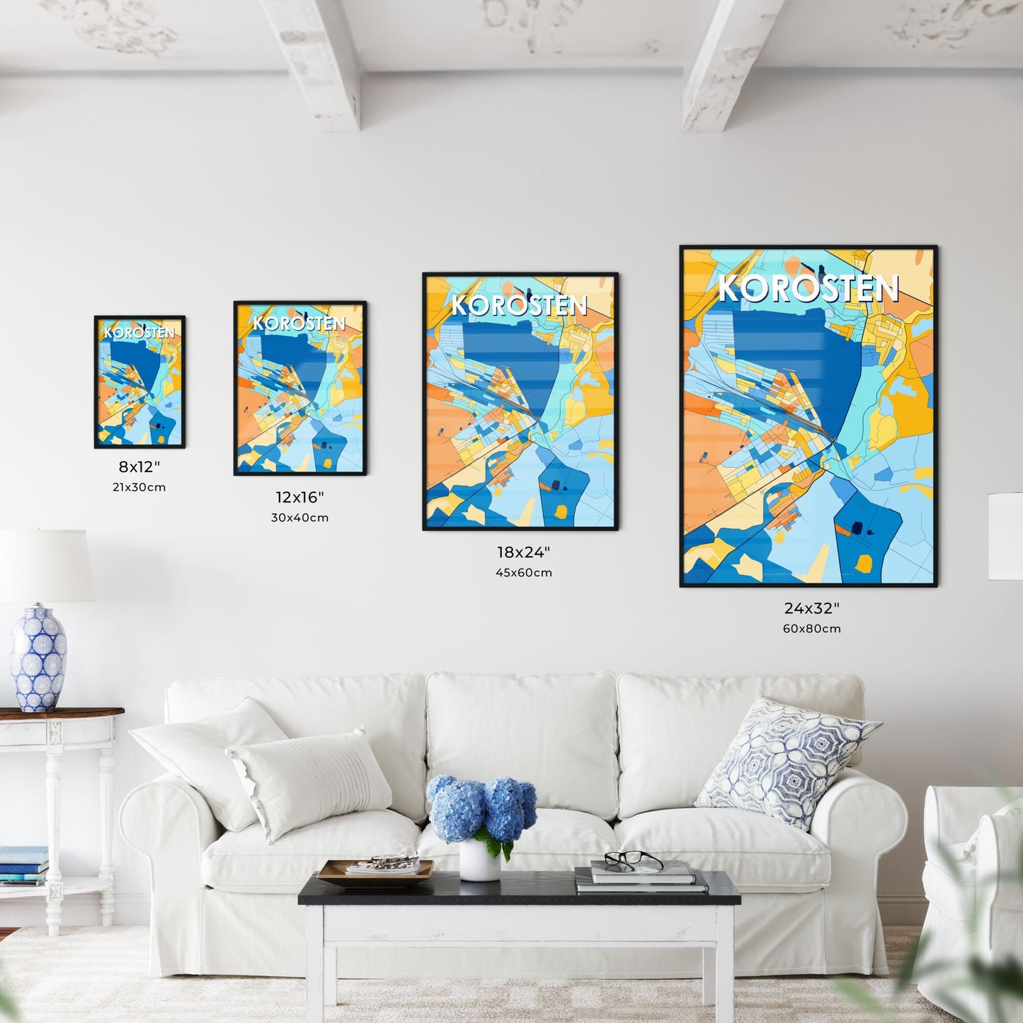 KOROSTEN UKRAINE Vibrant Colorful Art Map Poster Blue Orange