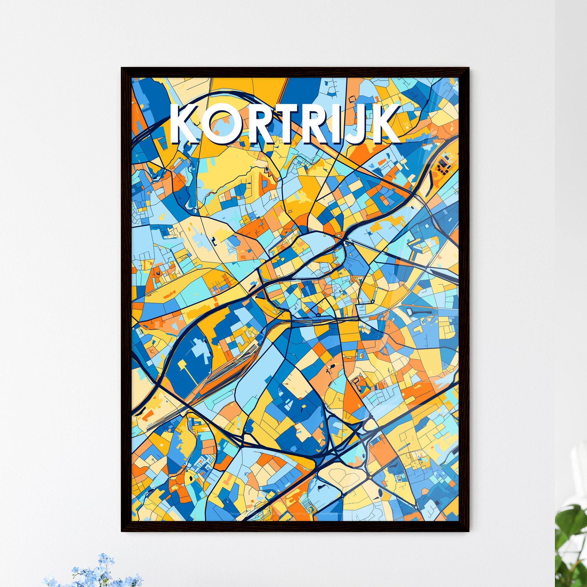 KORTRIJK BELGIUM Vibrant Colorful Art Map Poster Blue Orange