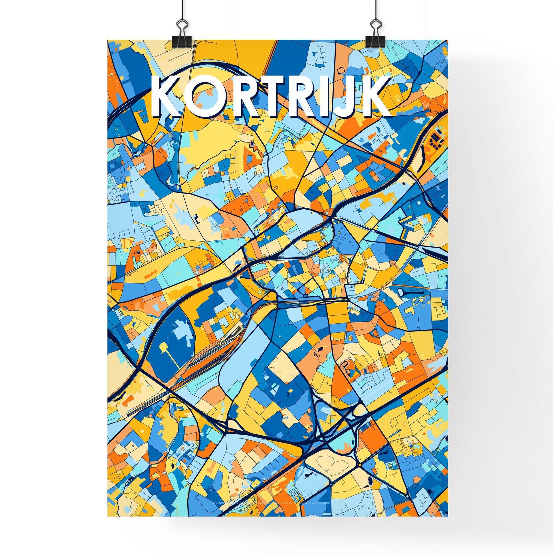 KORTRIJK BELGIUM Vibrant Colorful Art Map Poster Blue Orange