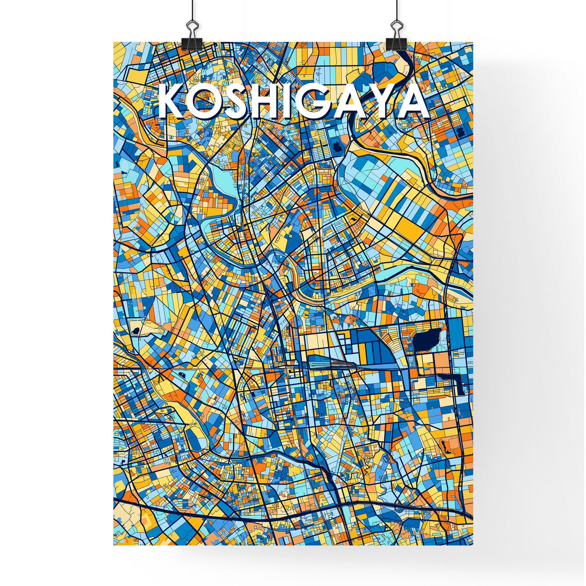 KOSHIGAYA JAPAN Vibrant Colorful Art Map Poster Blue Orange