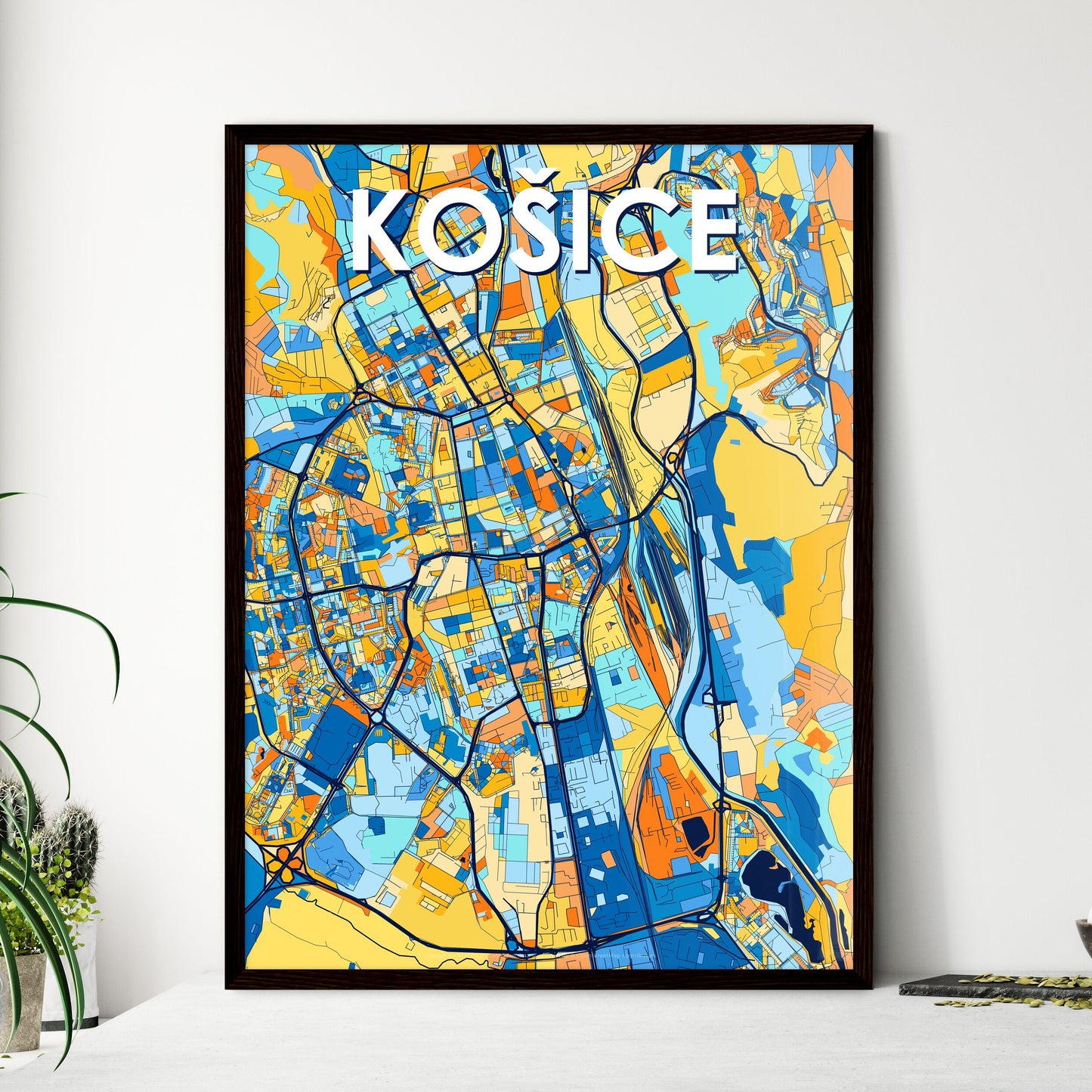 KOŠICE SLOVAKIA Vibrant Colorful Art Map Poster Blue Orange