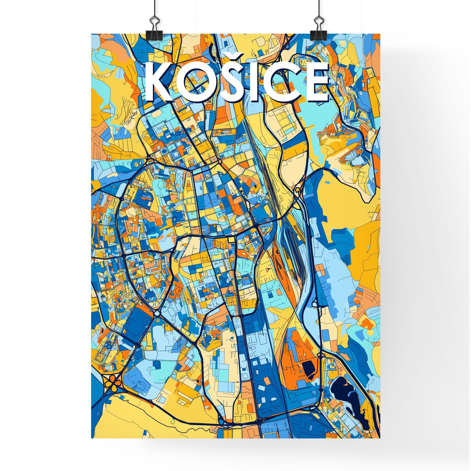 KOŠICE SLOVAKIA Vibrant Colorful Art Map Poster Blue Orange