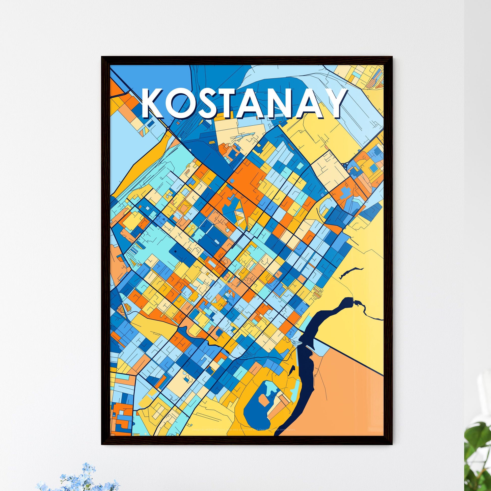 KOSTANAY KAZAKHSTAN Vibrant Colorful Art Map Poster Blue Orange