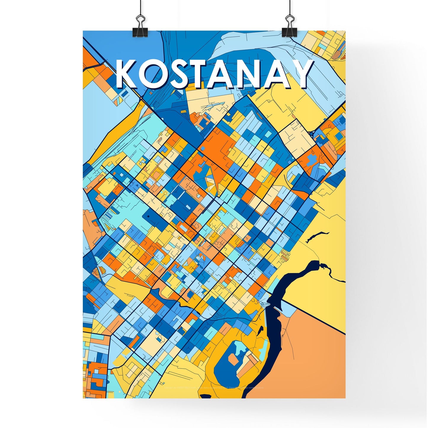 KOSTANAY KAZAKHSTAN Vibrant Colorful Art Map Poster Blue Orange