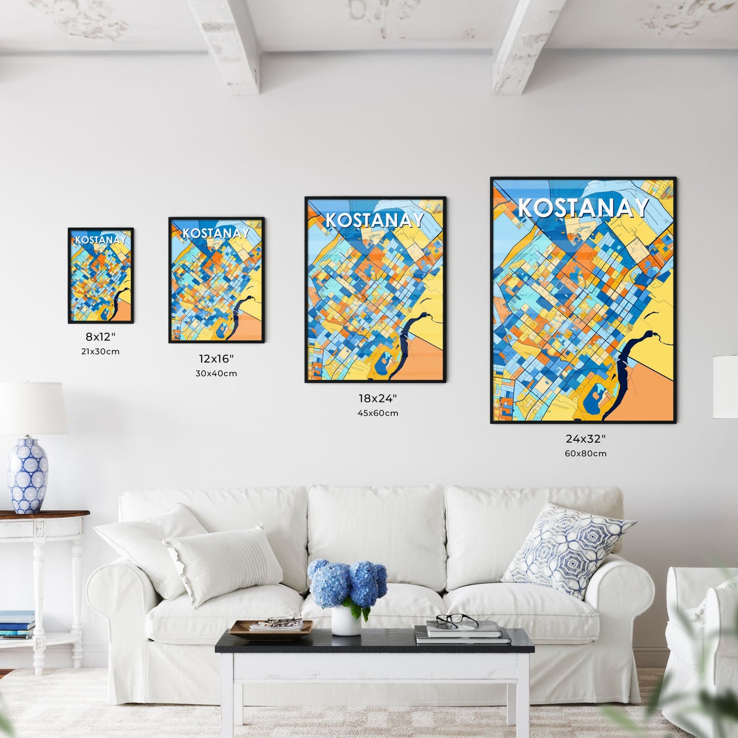 KOSTANAY KAZAKHSTAN Vibrant Colorful Art Map Poster Blue Orange