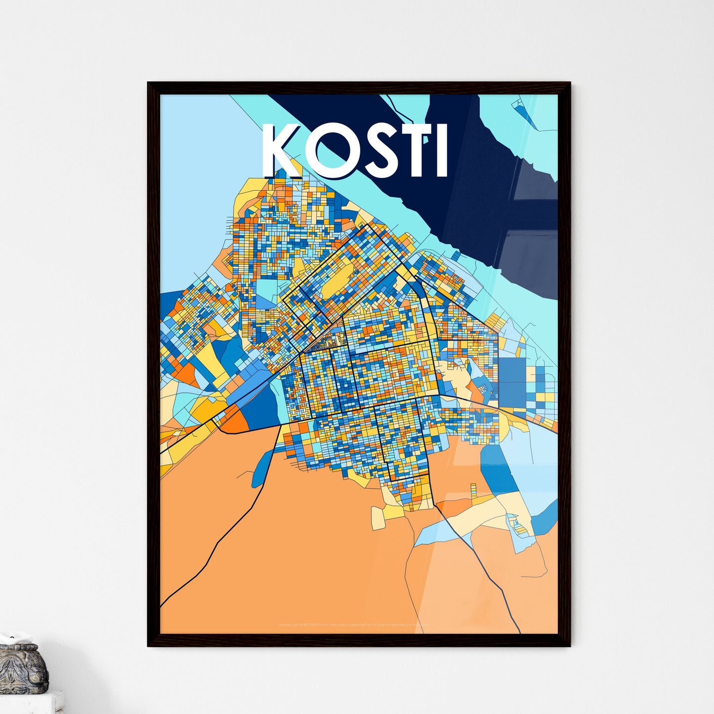 KOSTI SUDAN Vibrant Colorful Art Map Poster Blue Orange