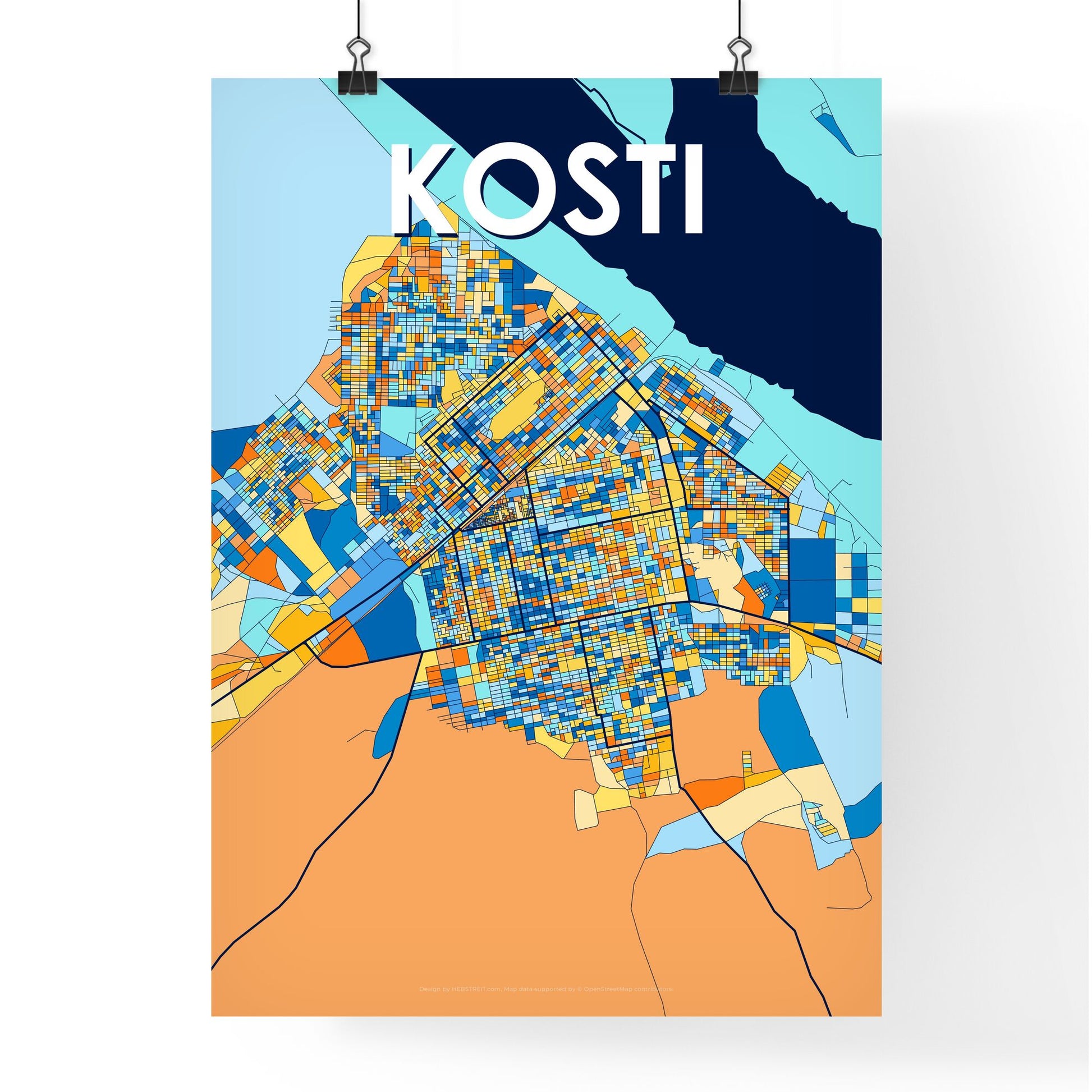 KOSTI SUDAN Vibrant Colorful Art Map Poster Blue Orange