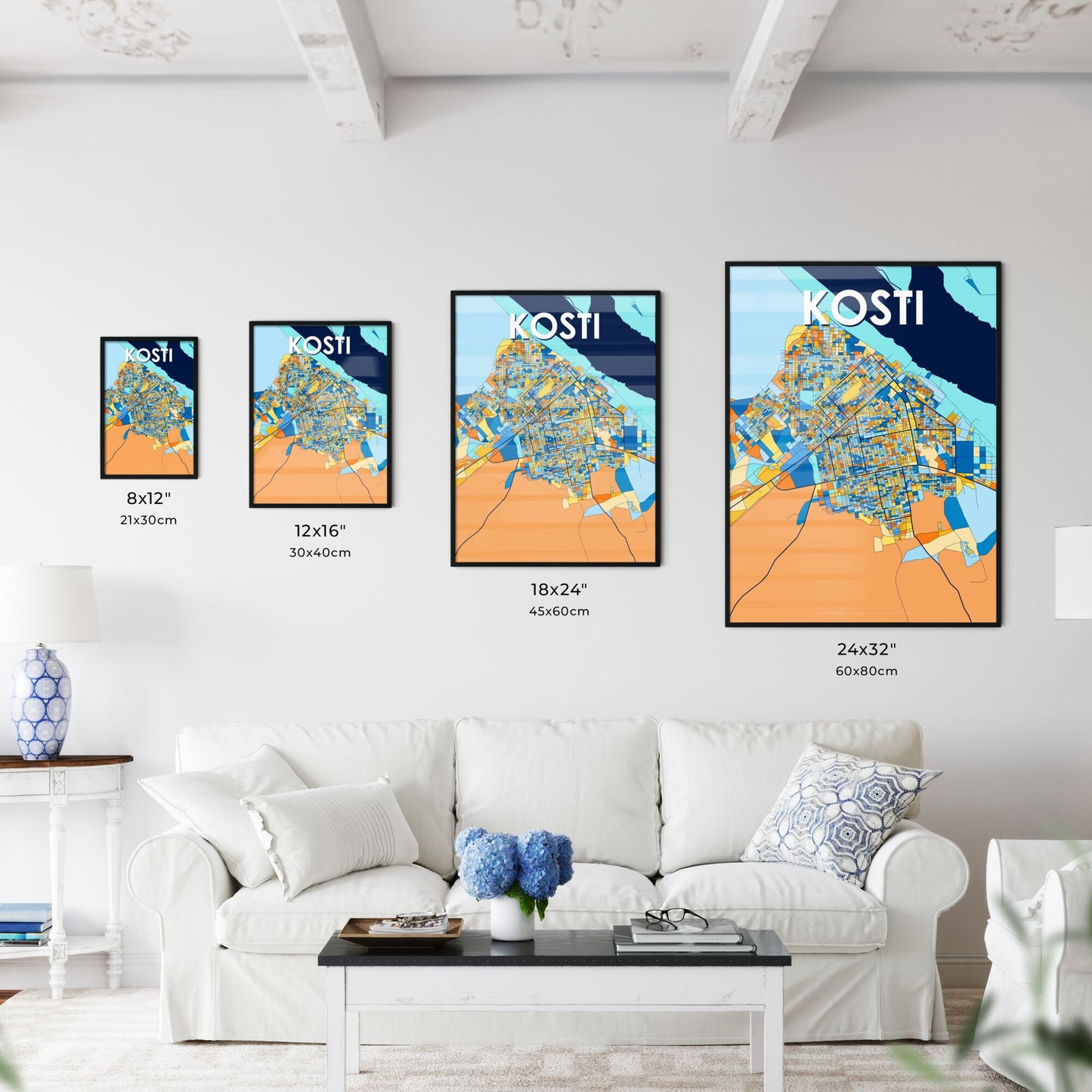 KOSTI SUDAN Vibrant Colorful Art Map Poster Blue Orange