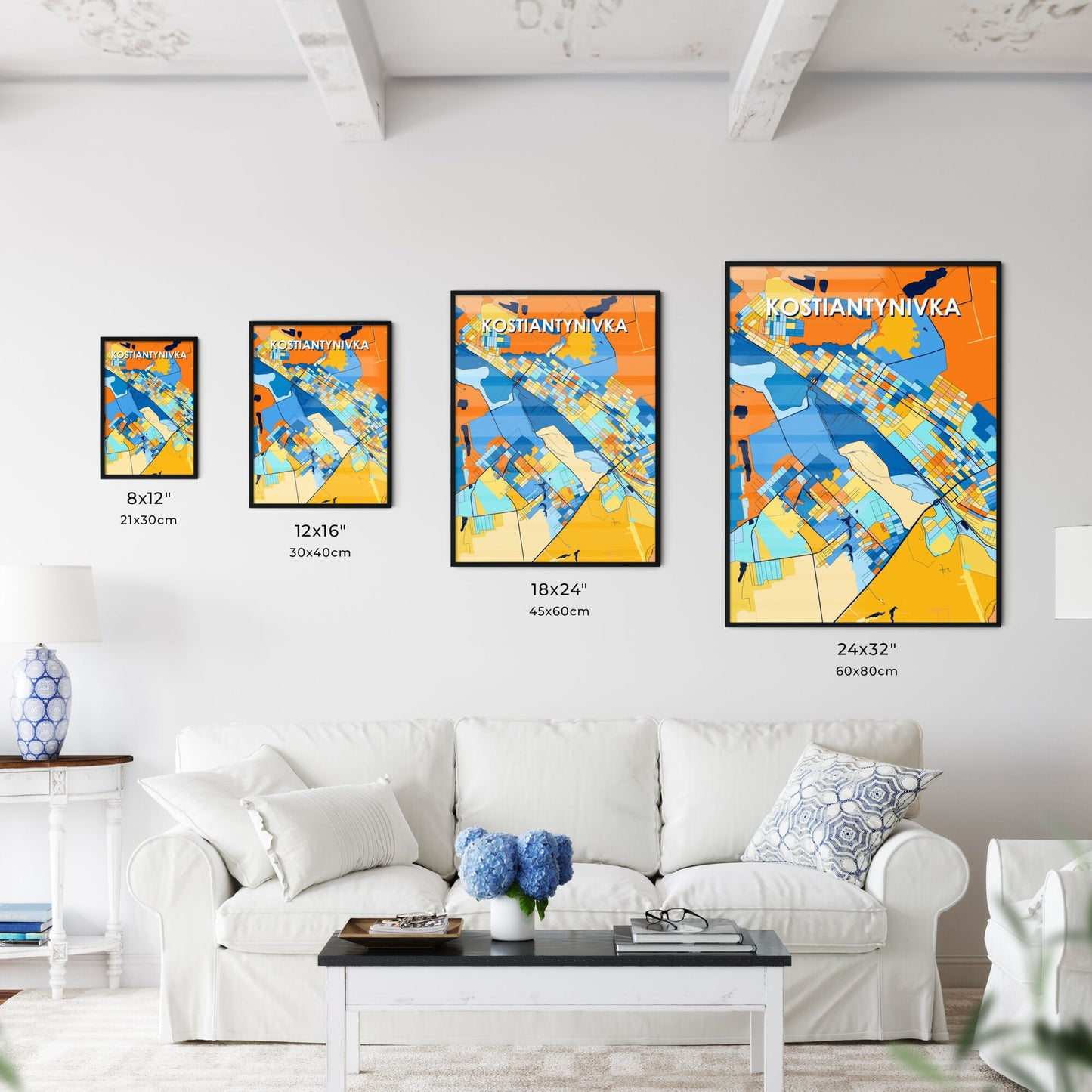 KOSTIANTYNIVKA UKRAINE Vibrant Colorful Art Map Poster Blue Orange