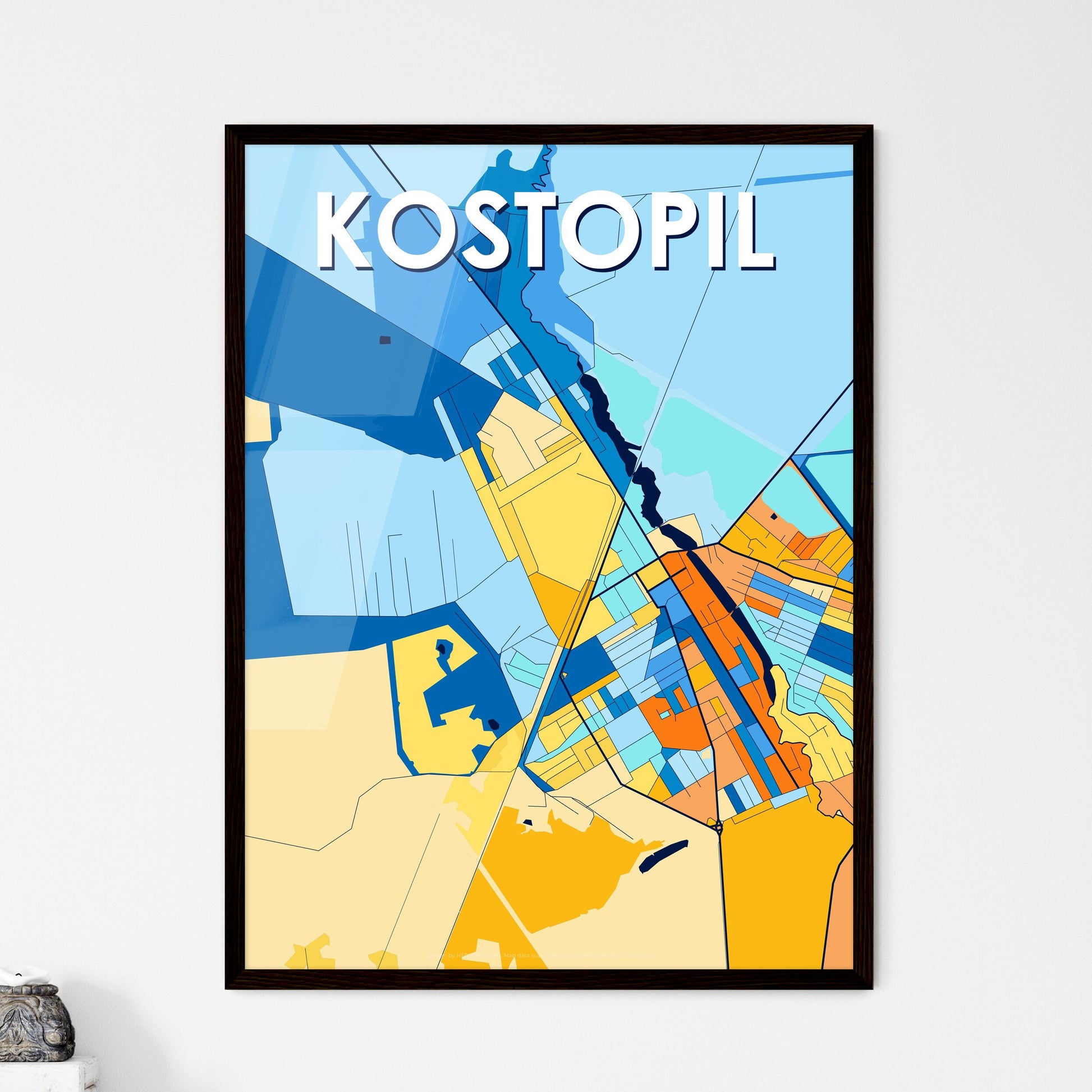 KOSTOPIL UKRAINE Vibrant Colorful Art Map Poster Blue Orange