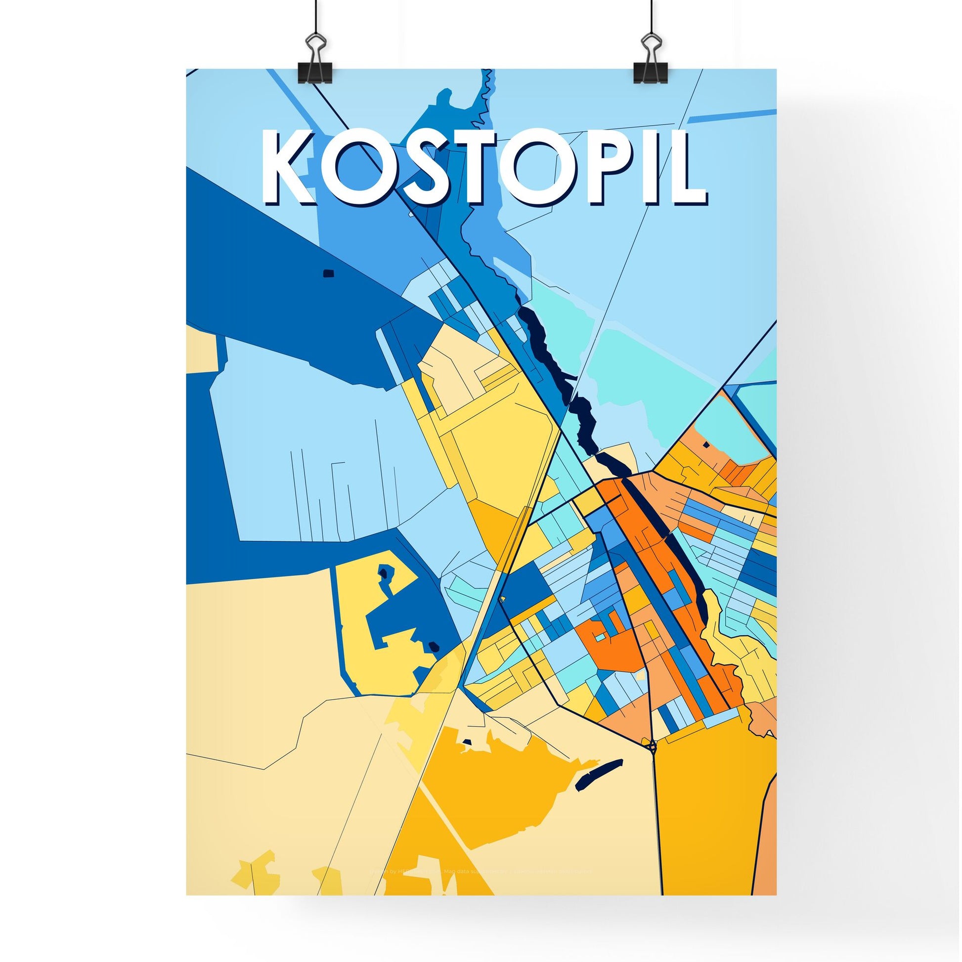 KOSTOPIL UKRAINE Vibrant Colorful Art Map Poster Blue Orange