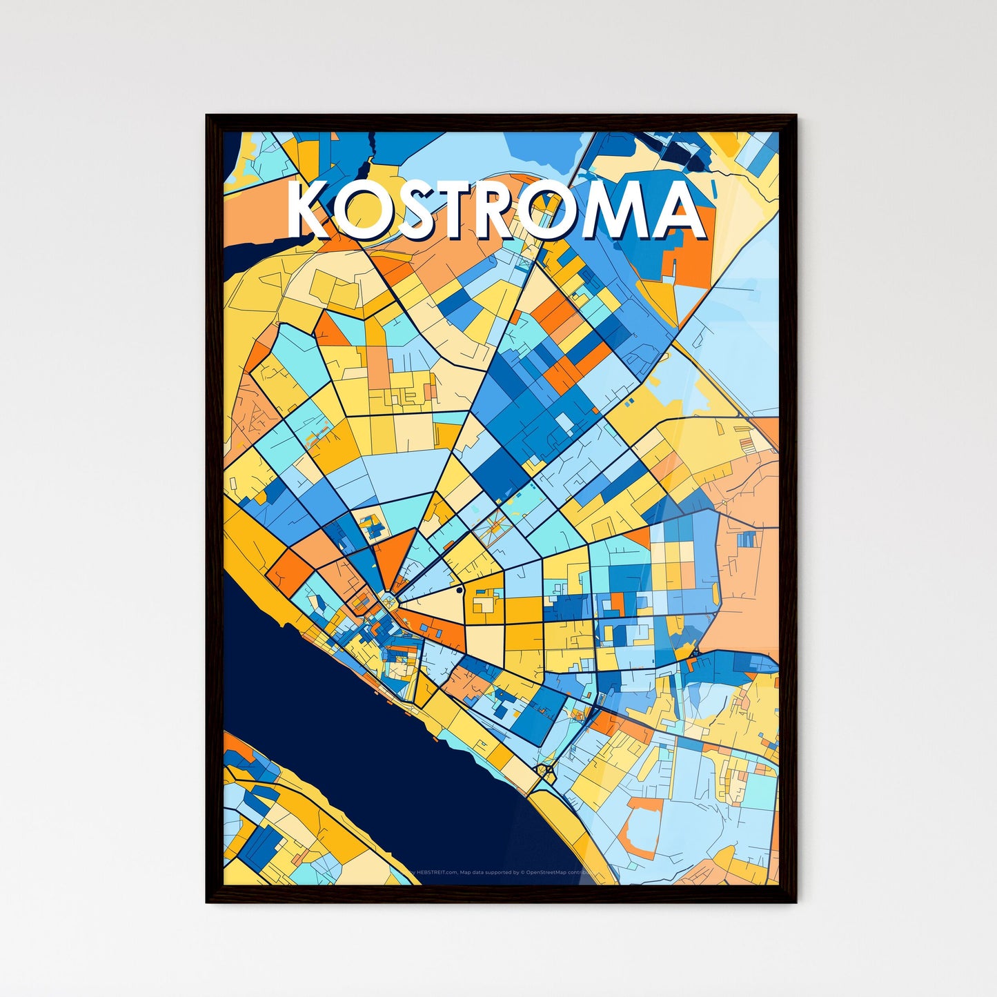 KOSTROMA RUSSIA Vibrant Colorful Art Map Poster Blue Orange