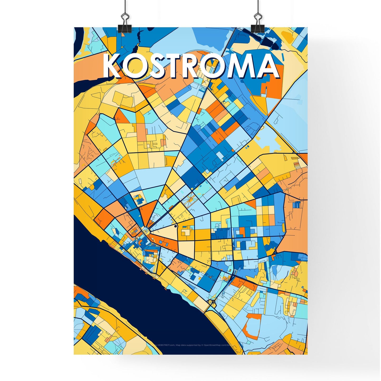 KOSTROMA RUSSIA Vibrant Colorful Art Map Poster Blue Orange