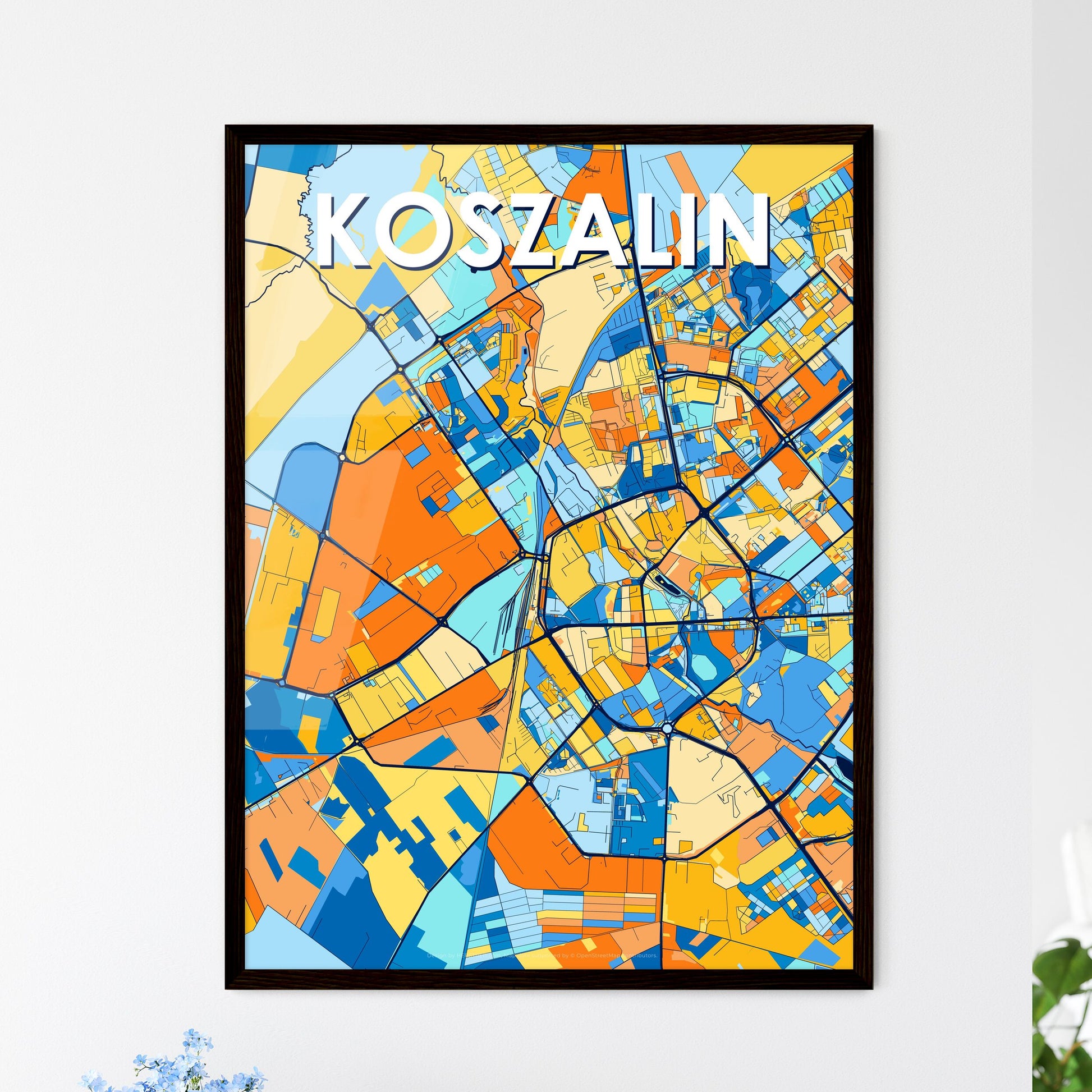 KOSZALIN POLAND Vibrant Colorful Art Map Poster Blue Orange