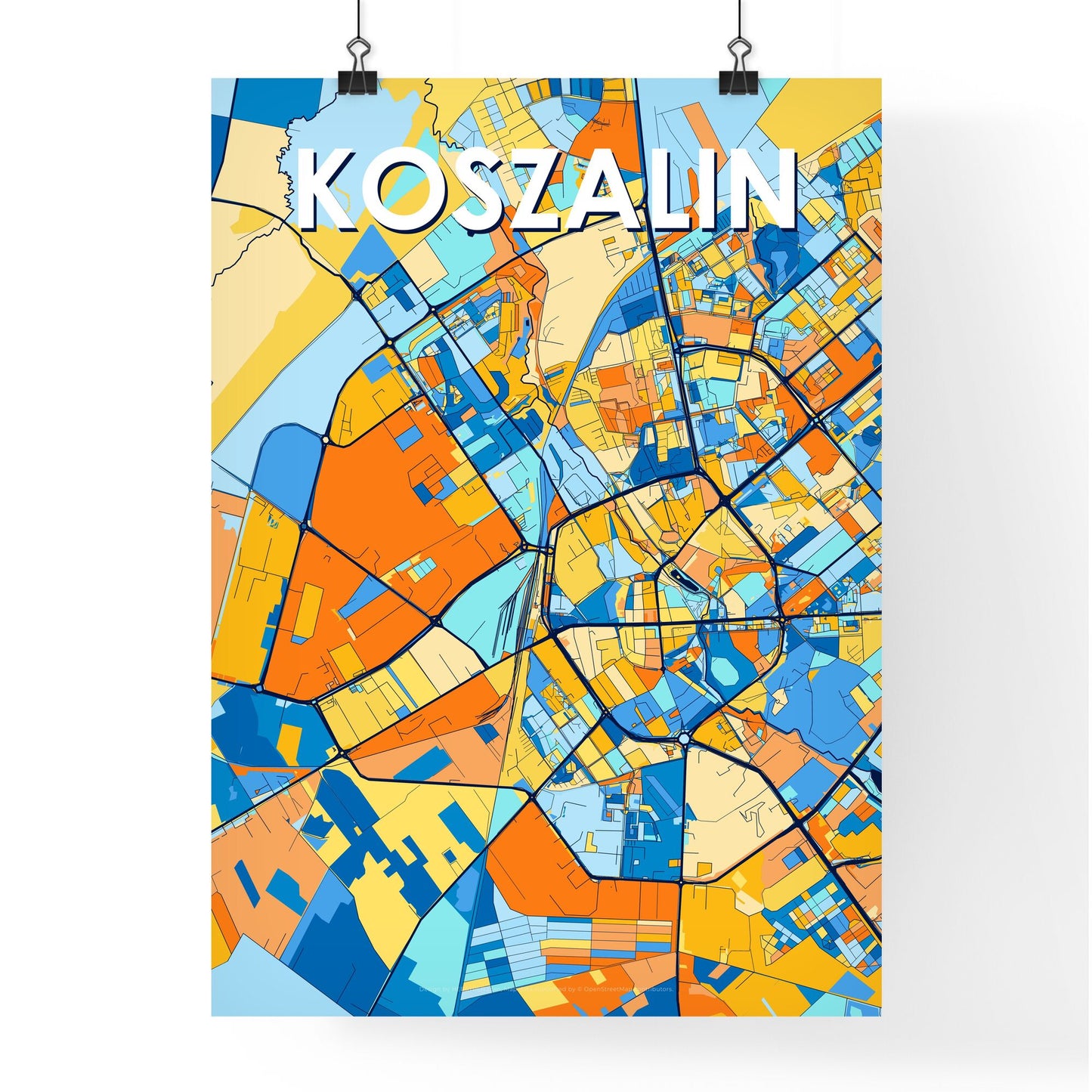 KOSZALIN POLAND Vibrant Colorful Art Map Poster Blue Orange