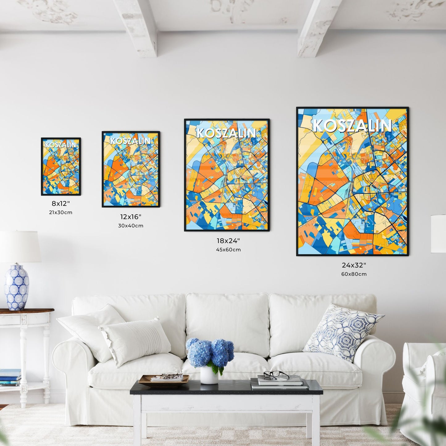 KOSZALIN POLAND Vibrant Colorful Art Map Poster Blue Orange