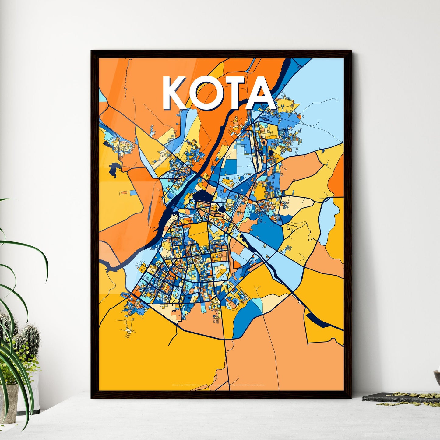 KOTA INDIA Vibrant Colorful Art Map Poster Blue Orange