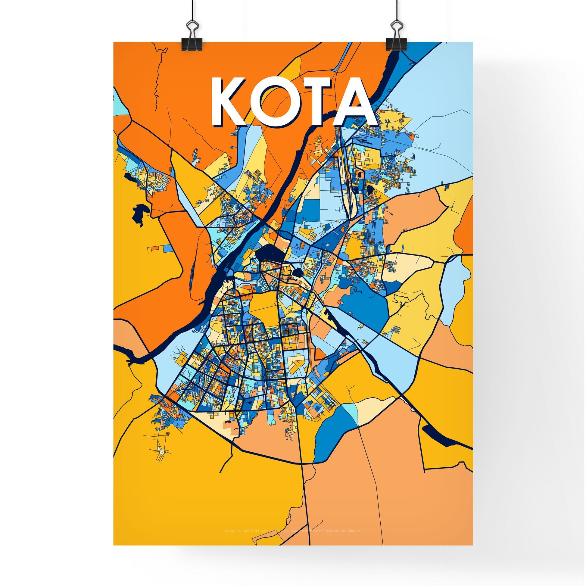 KOTA INDIA Vibrant Colorful Art Map Poster Blue Orange