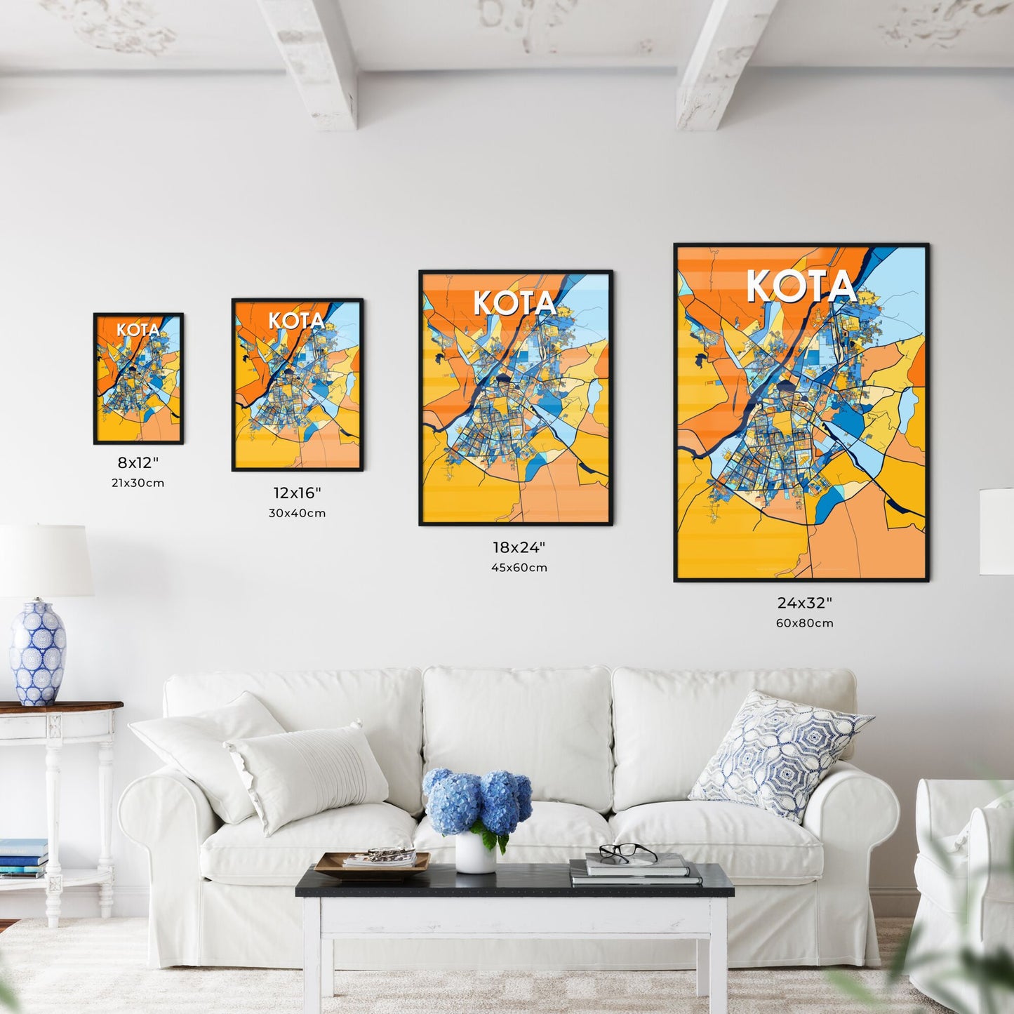 KOTA INDIA Vibrant Colorful Art Map Poster Blue Orange