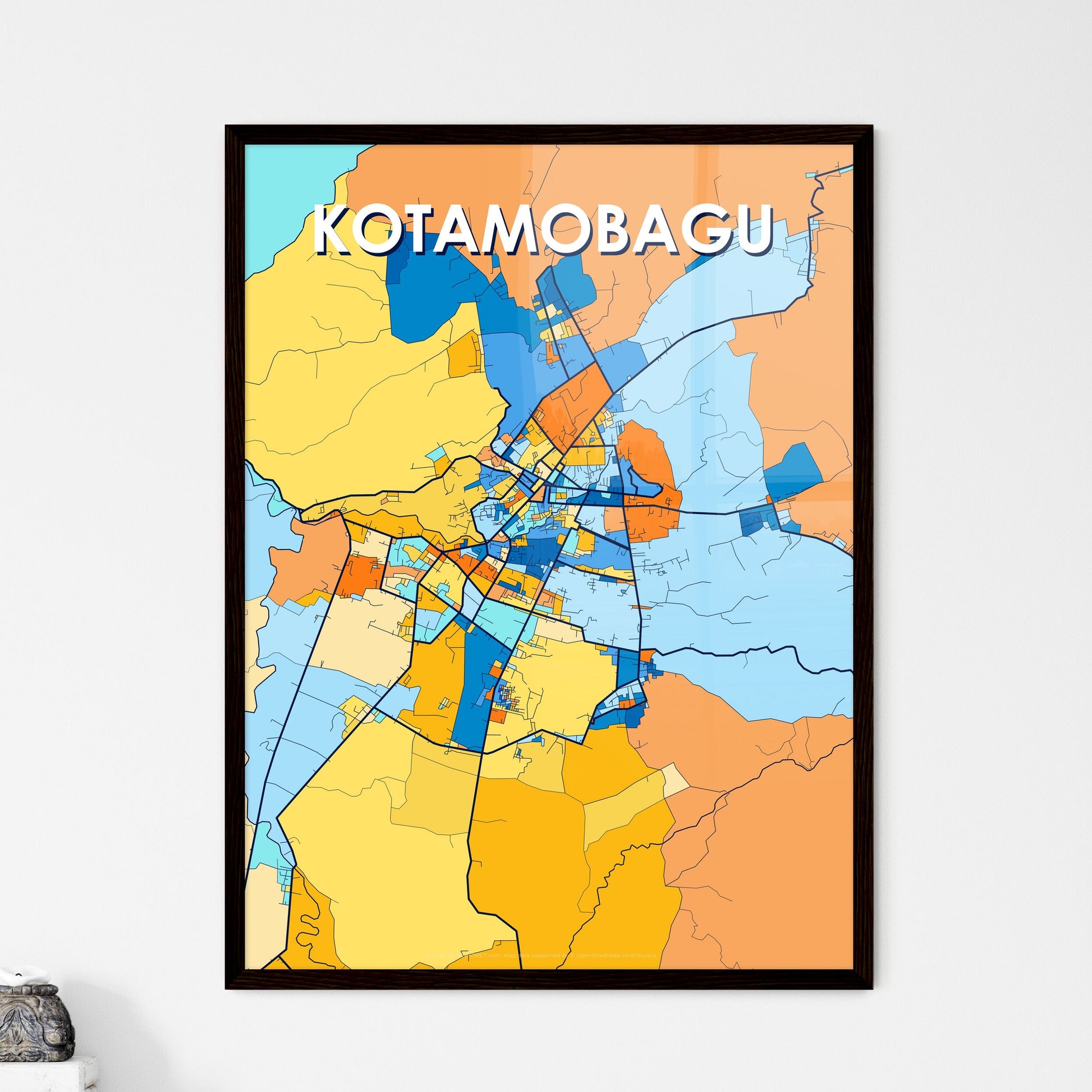 KOTAMOBAGU INDONESIA Vibrant Colorful Art Map Poster Blue Orange