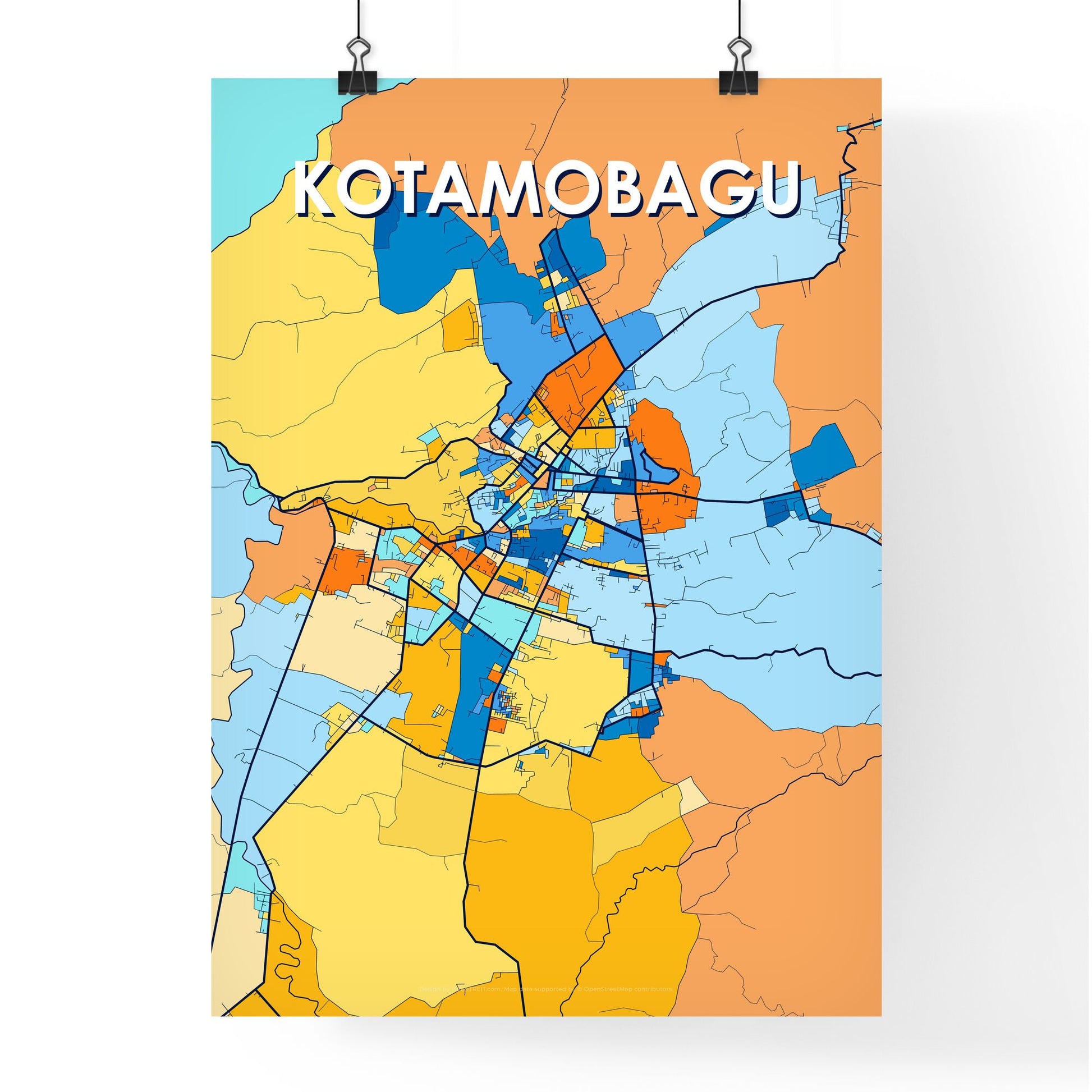 KOTAMOBAGU INDONESIA Vibrant Colorful Art Map Poster Blue Orange