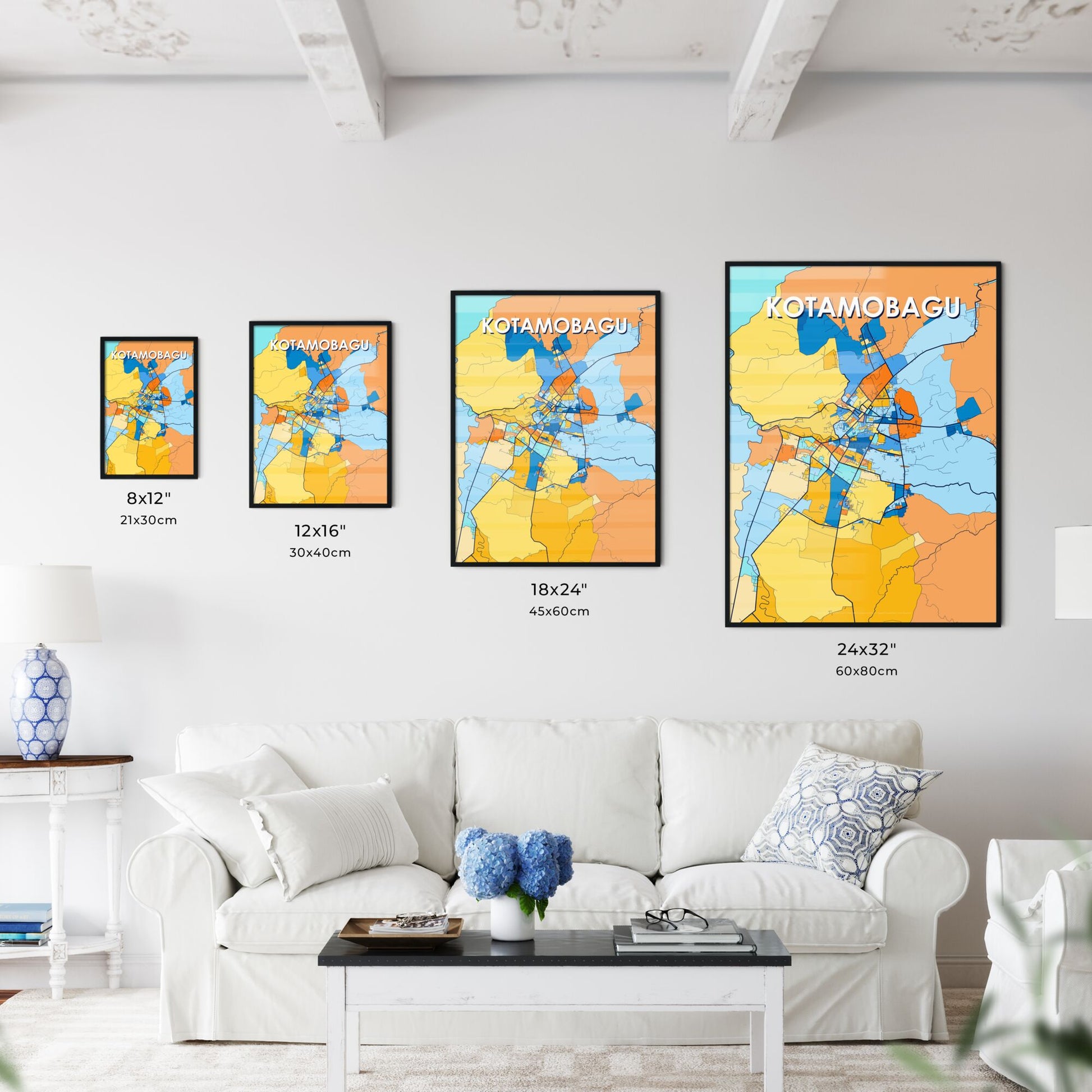 KOTAMOBAGU INDONESIA Vibrant Colorful Art Map Poster Blue Orange