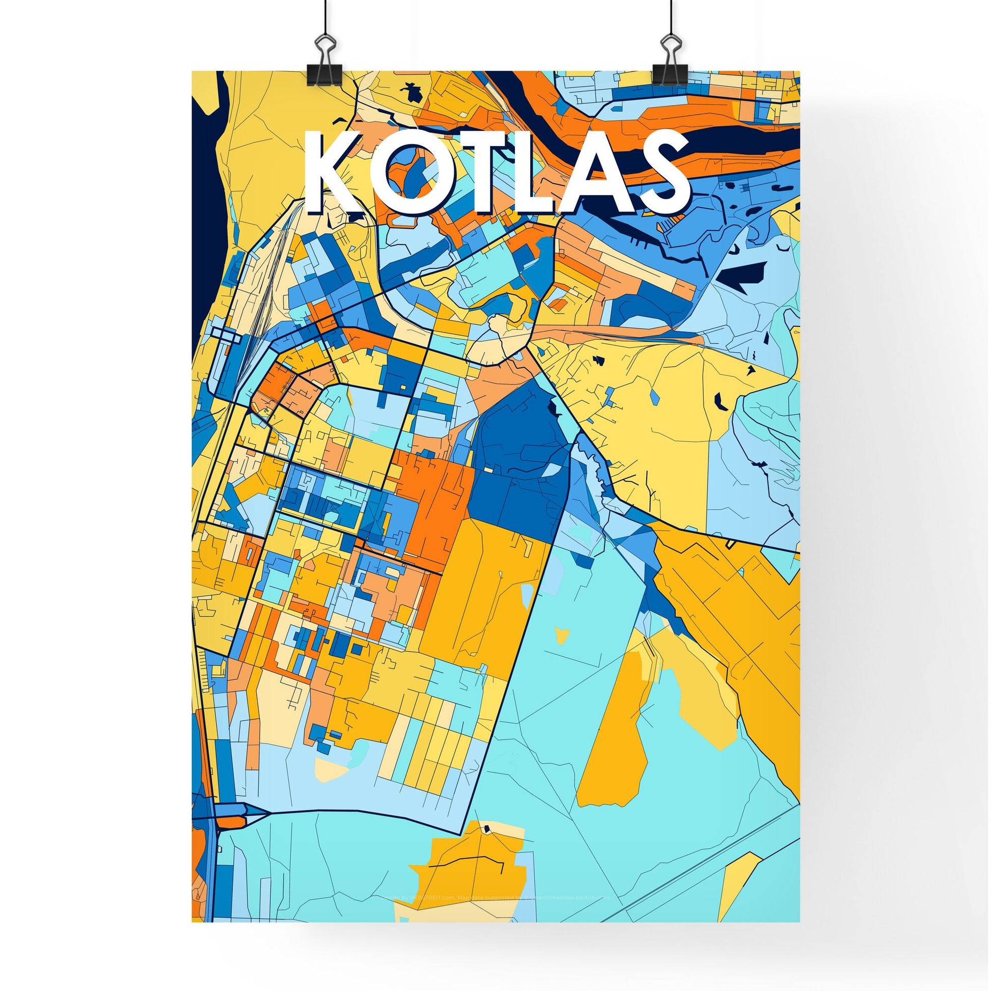 KOTLAS RUSSIA Vibrant Colorful Art Map Poster Blue Orange