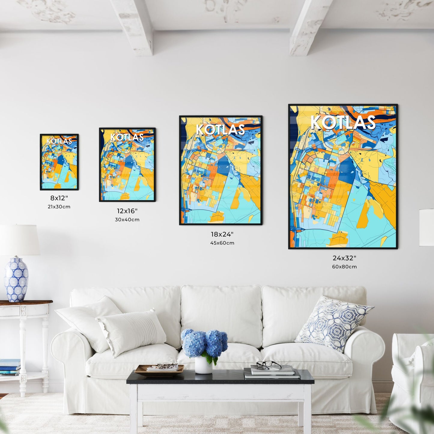 KOTLAS RUSSIA Vibrant Colorful Art Map Poster Blue Orange