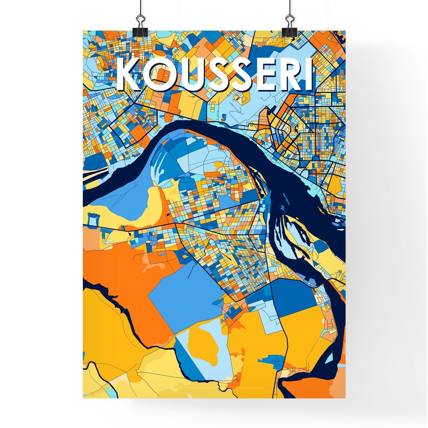 KOUSSERI CAMEROON Vibrant Colorful Art Map Poster Blue Orange