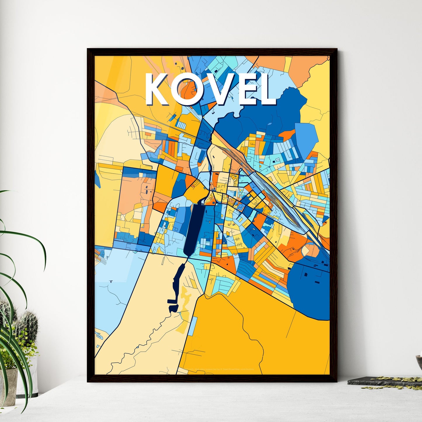 KOVEL UKRAINE Vibrant Colorful Art Map Poster Blue Orange