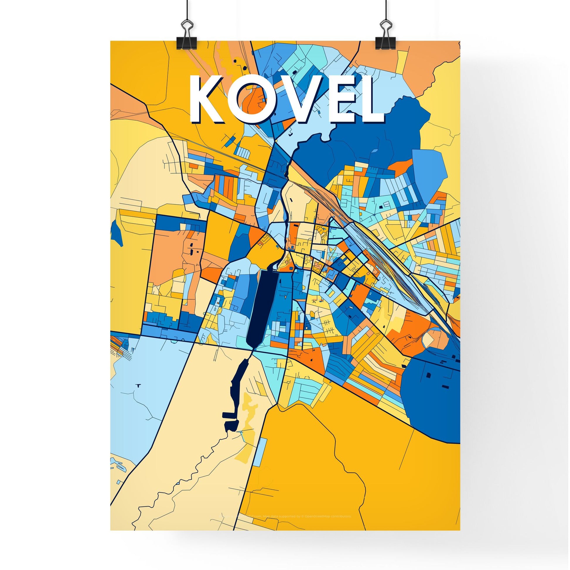 KOVEL UKRAINE Vibrant Colorful Art Map Poster Blue Orange