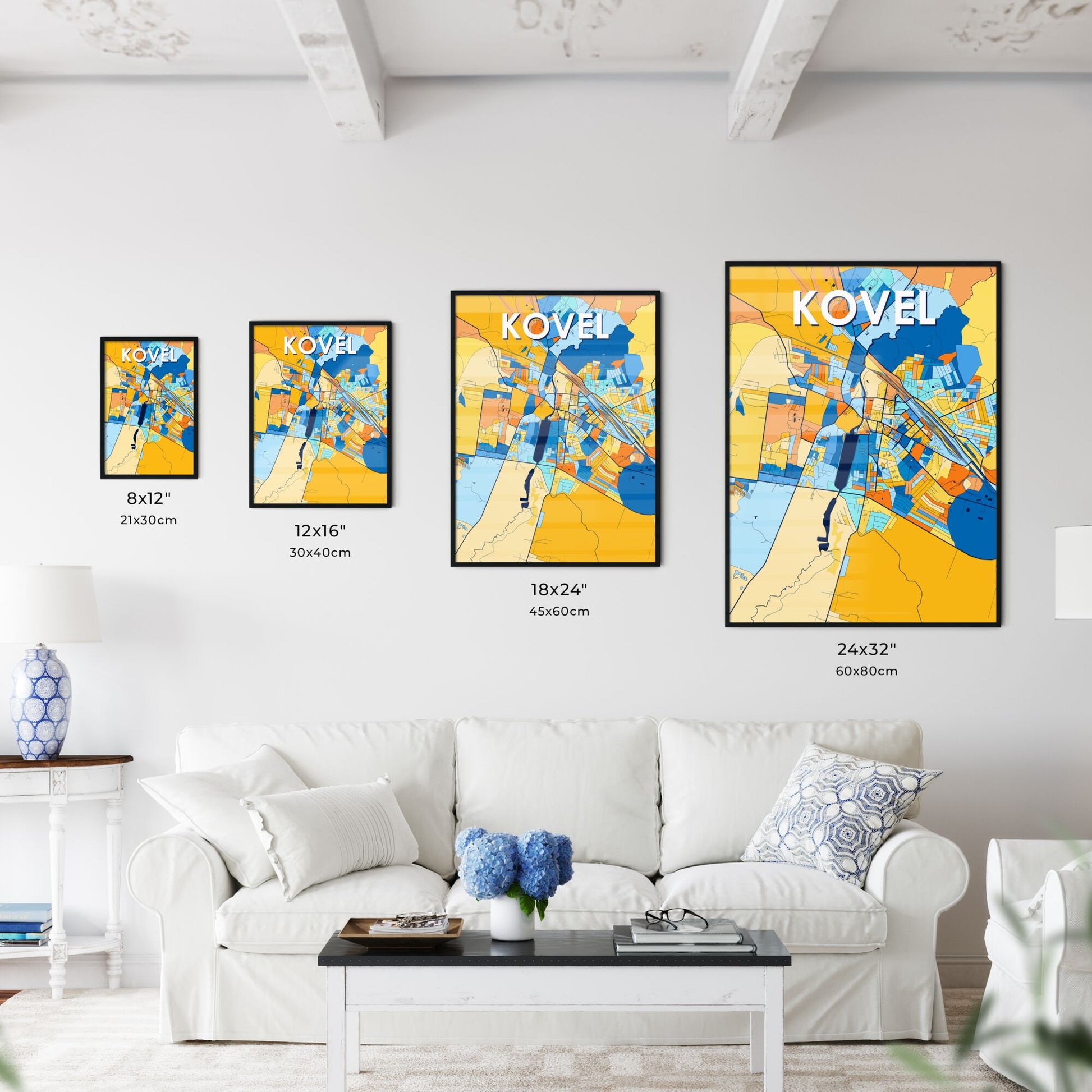 KOVEL UKRAINE Vibrant Colorful Art Map Poster Blue Orange