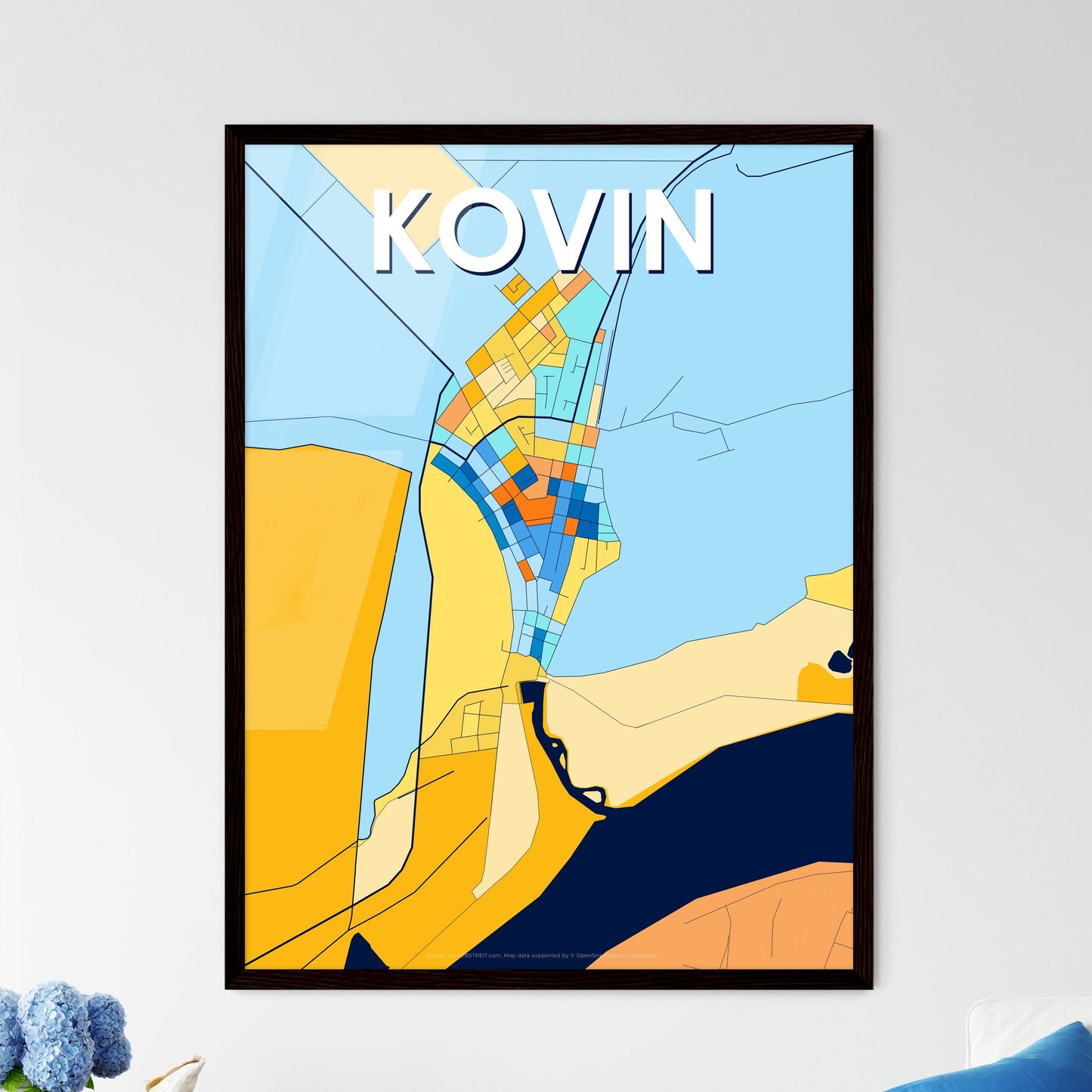 KOVIN SERBIA Vibrant Colorful Art Map Poster Blue Orange