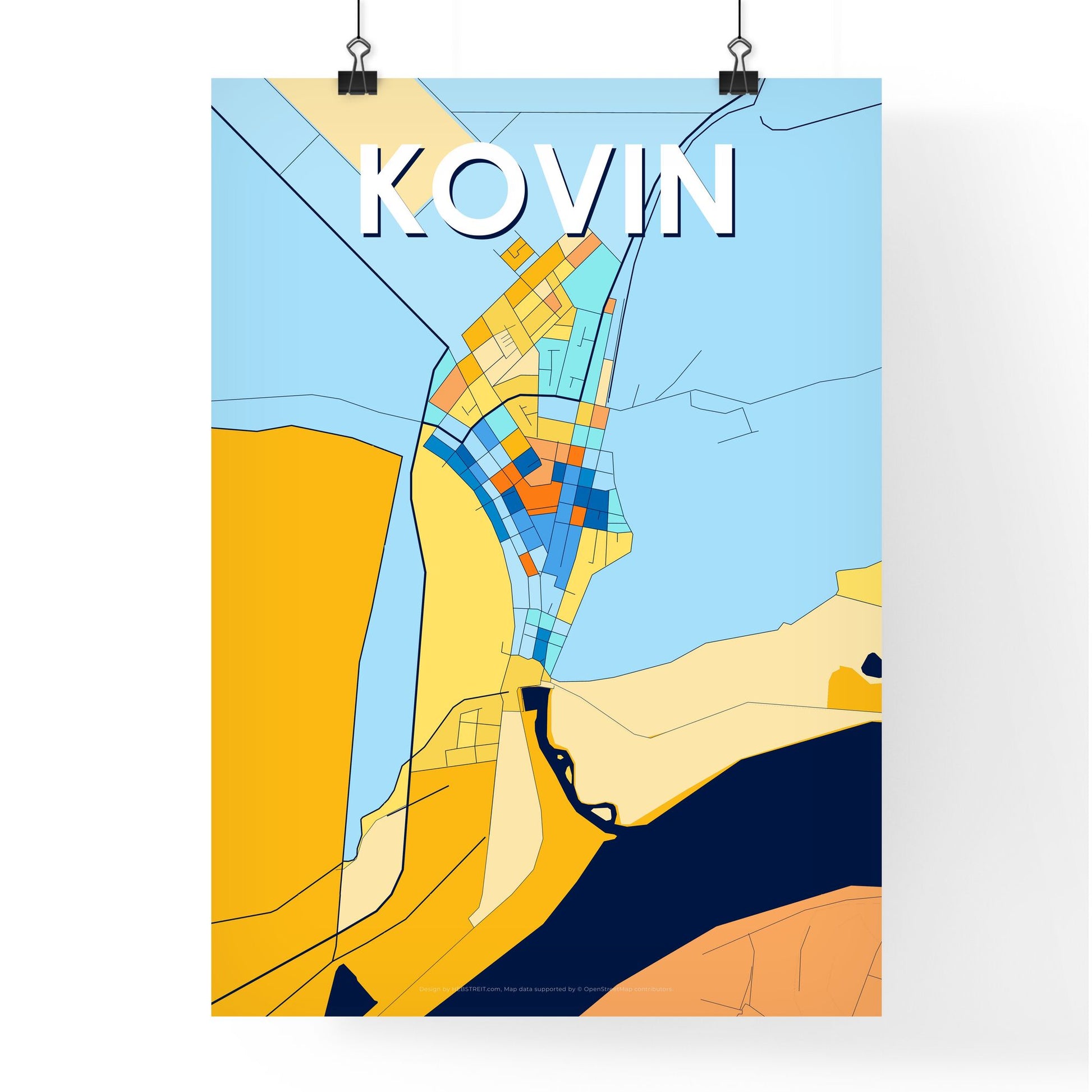 KOVIN SERBIA Vibrant Colorful Art Map Poster Blue Orange