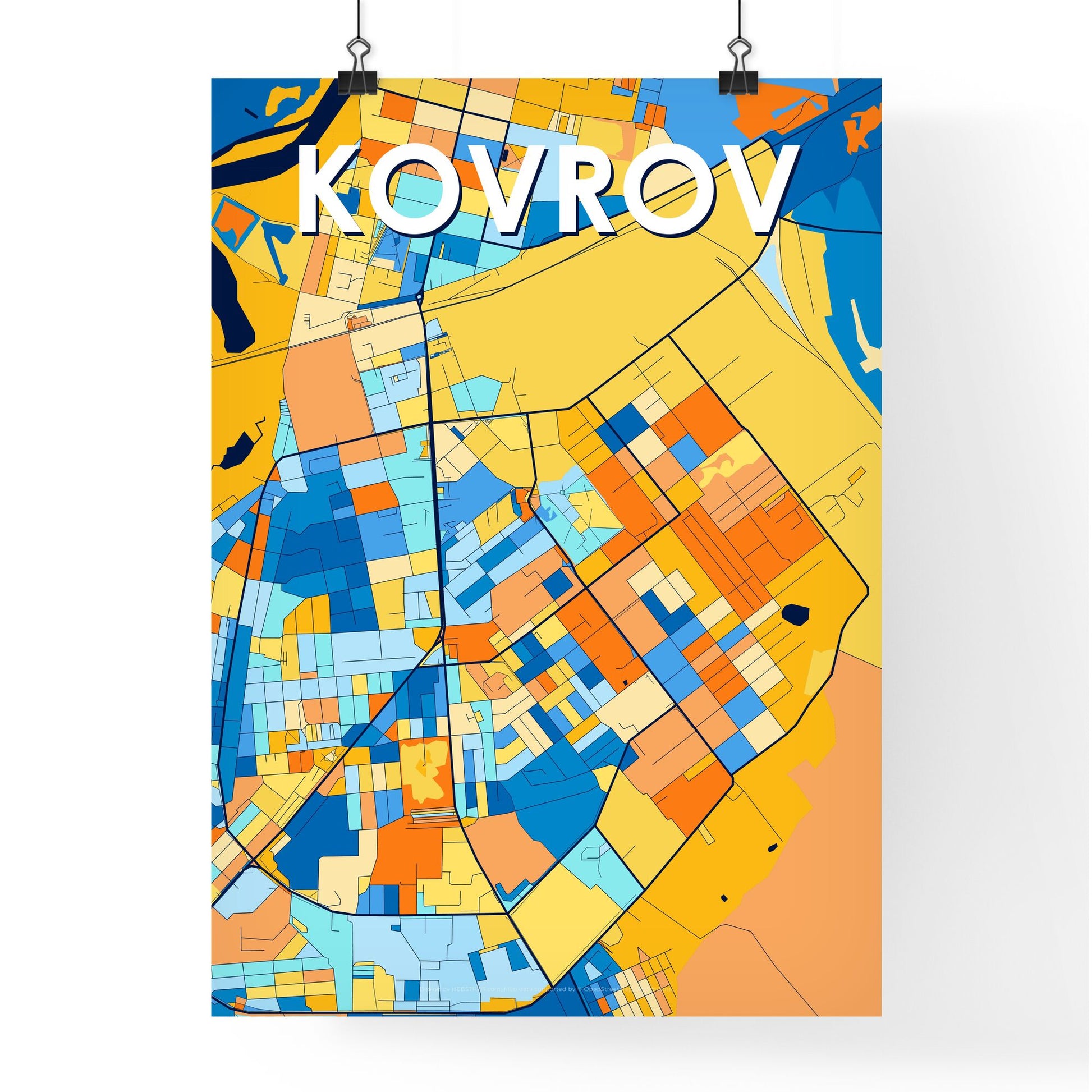 KOVROV RUSSIA Vibrant Colorful Art Map Poster Blue Orange