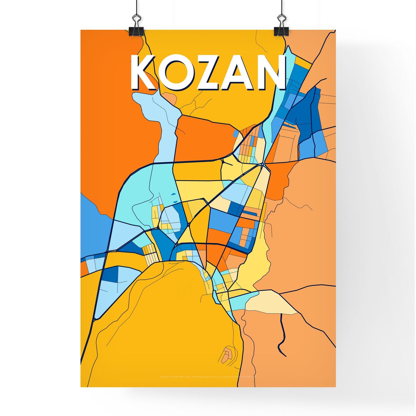 KOZAN TURKEY Vibrant Colorful Art Map Poster Blue Orange