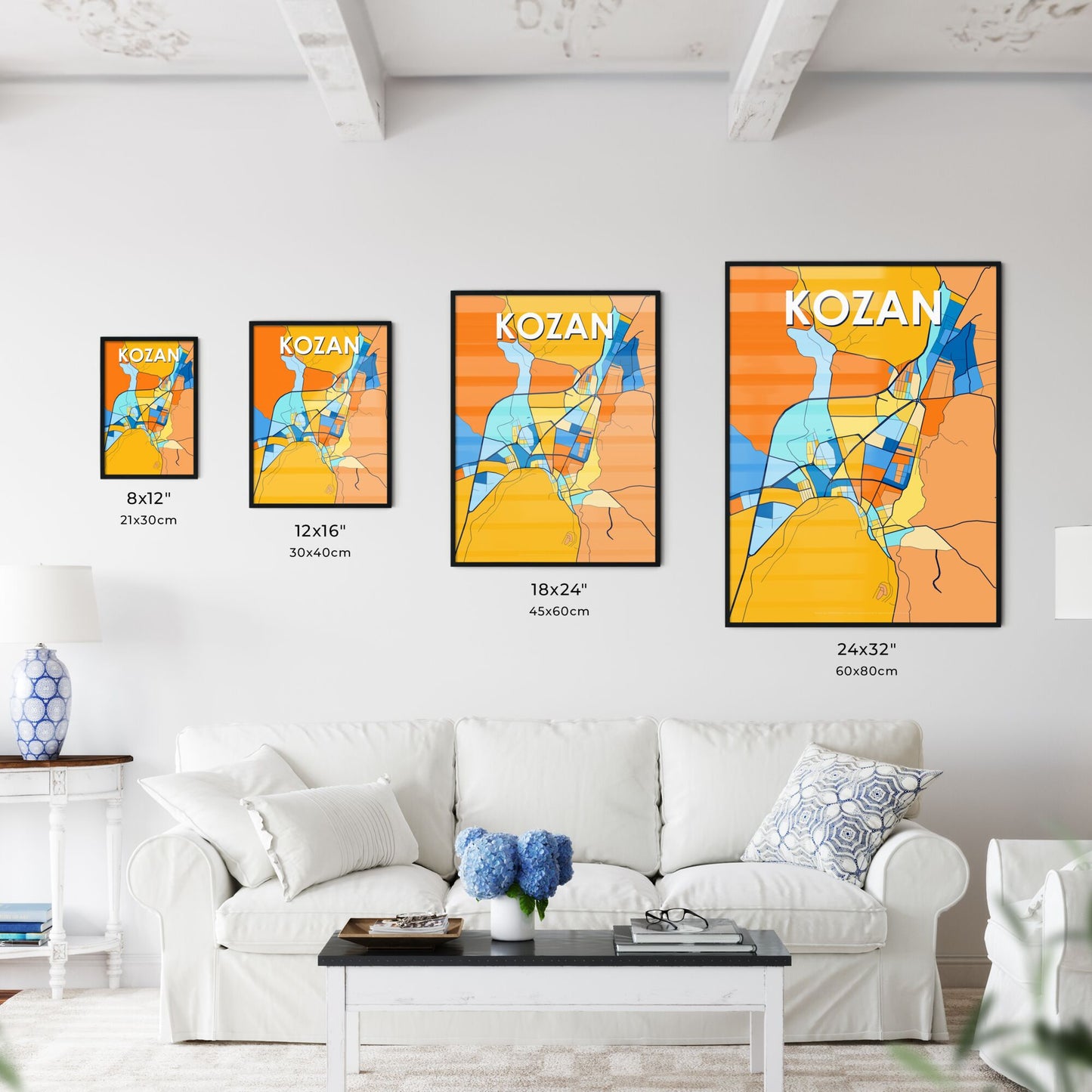 KOZAN TURKEY Vibrant Colorful Art Map Poster Blue Orange