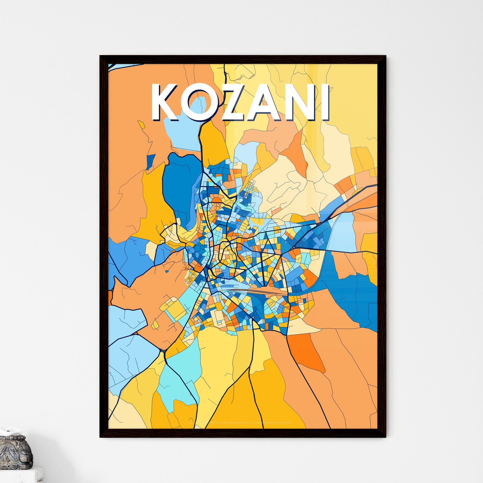 KOZANI GREECE Vibrant Colorful Art Map Poster Blue Orange