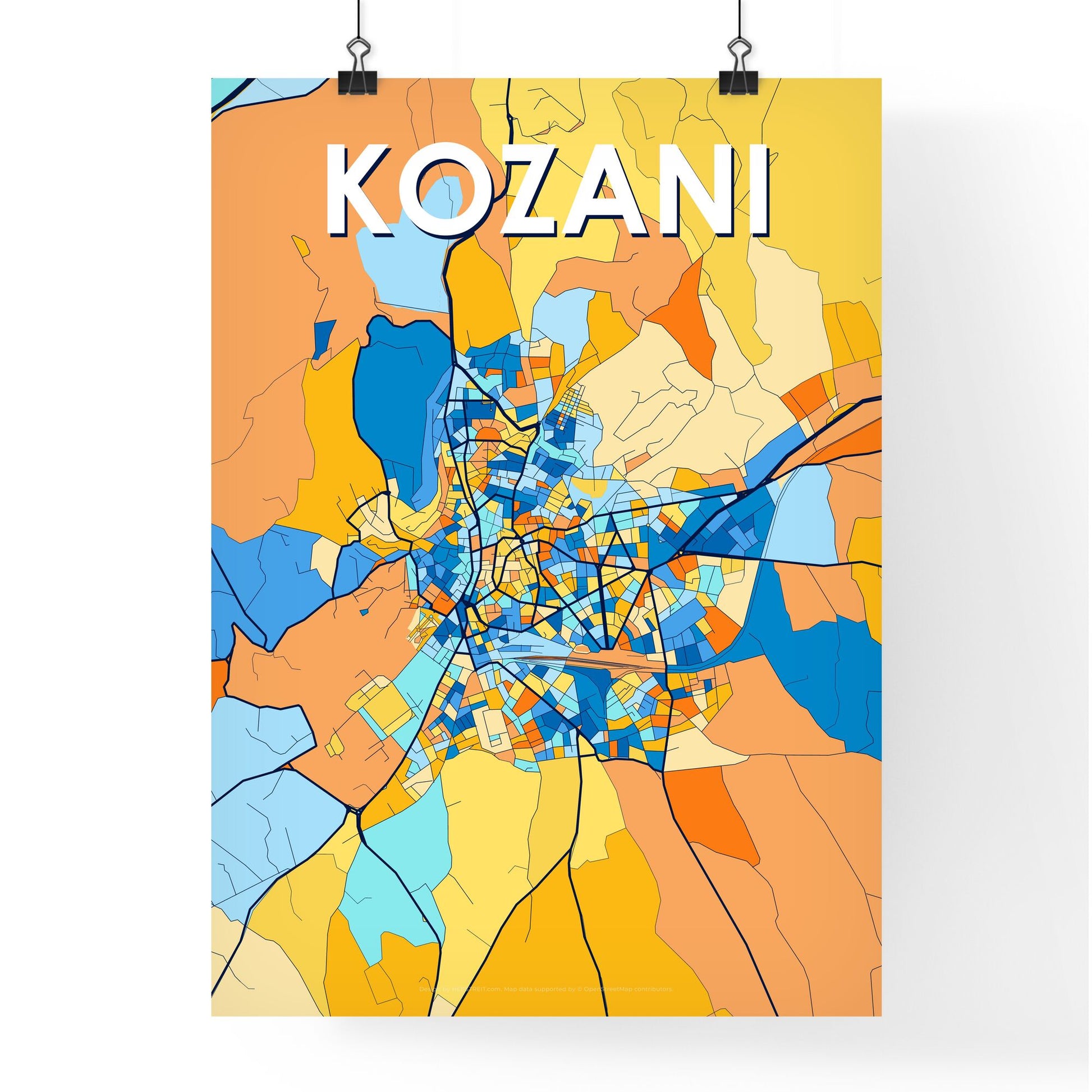 KOZANI GREECE Vibrant Colorful Art Map Poster Blue Orange