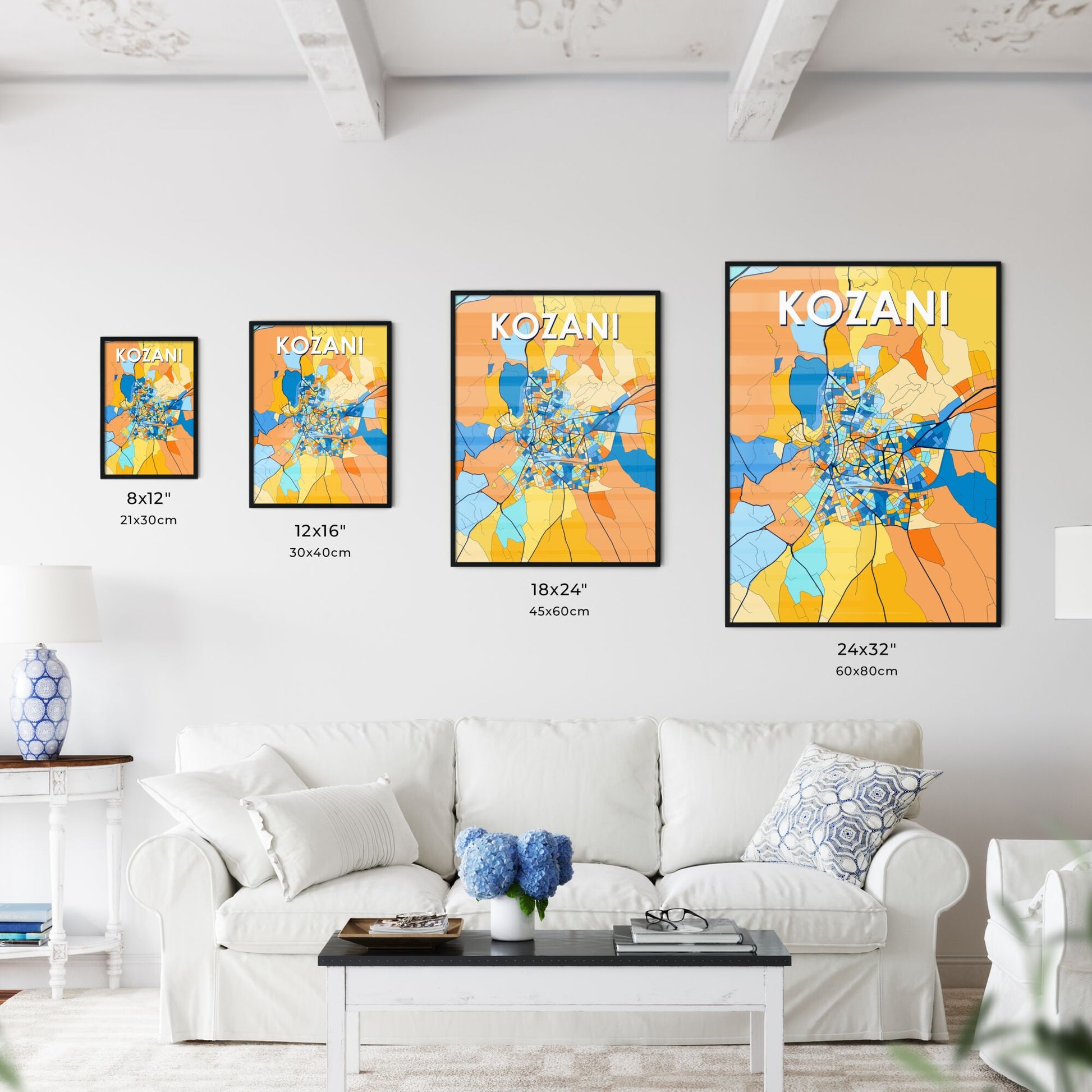 KOZANI GREECE Vibrant Colorful Art Map Poster Blue Orange