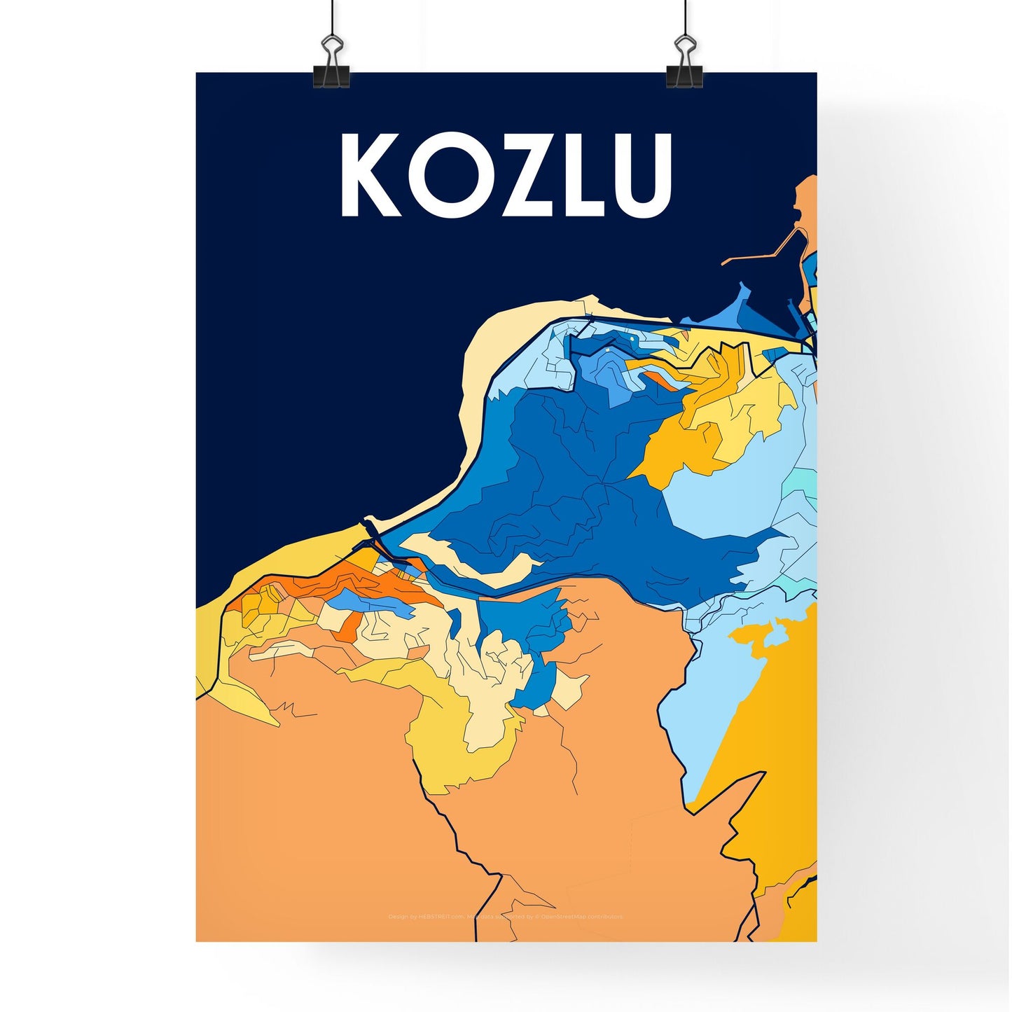 KOZLU TURKEY Vibrant Colorful Art Map Poster Blue Orange