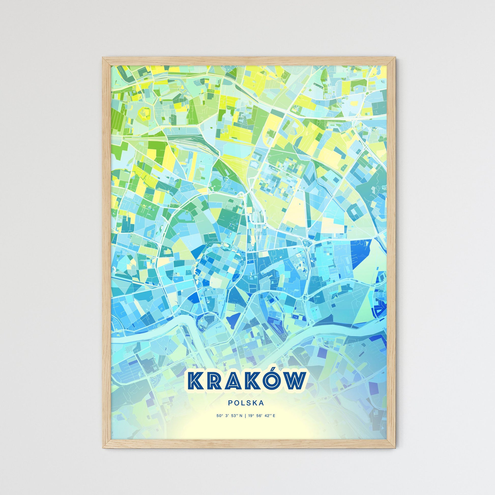 Colorful Kraków Poland Fine Art Map Cool Blue