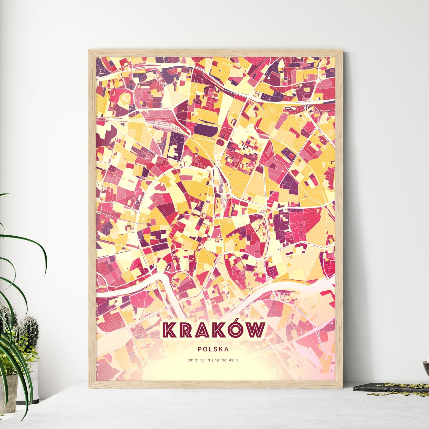 Colorful Kraków Poland Fine Art Map Hot Red